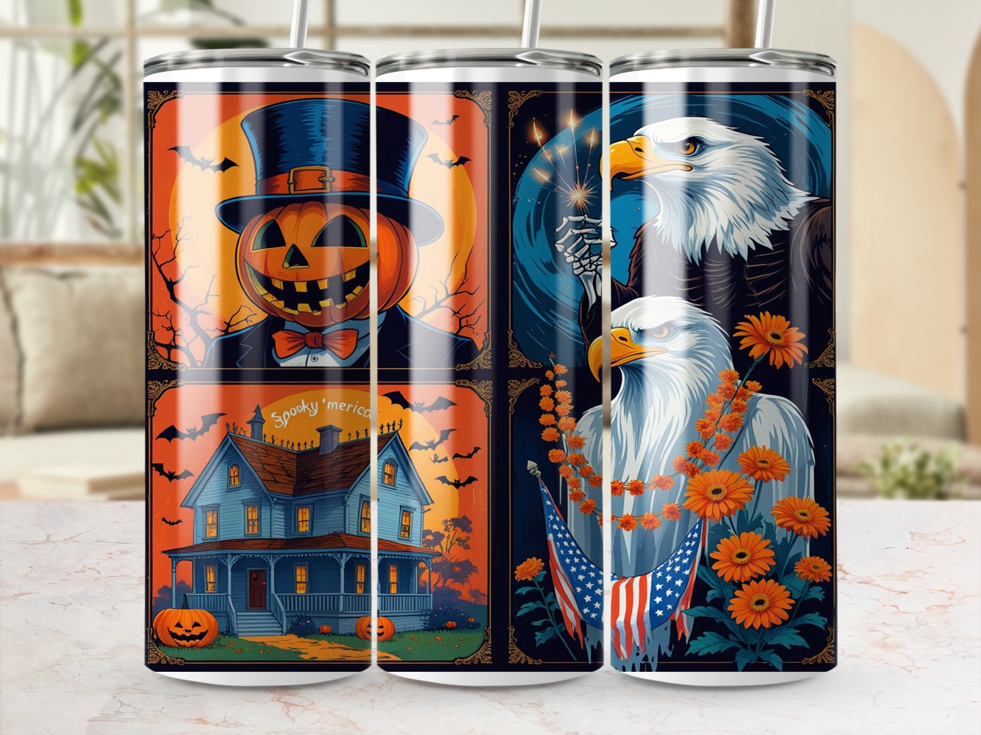 Patriotic Halloween 20oz Tumbler Wrap, Digital Sublimation, Spooky Eagle Pumpkin Design, Instant Download, Tumbler Template, USA Theme - Image 4