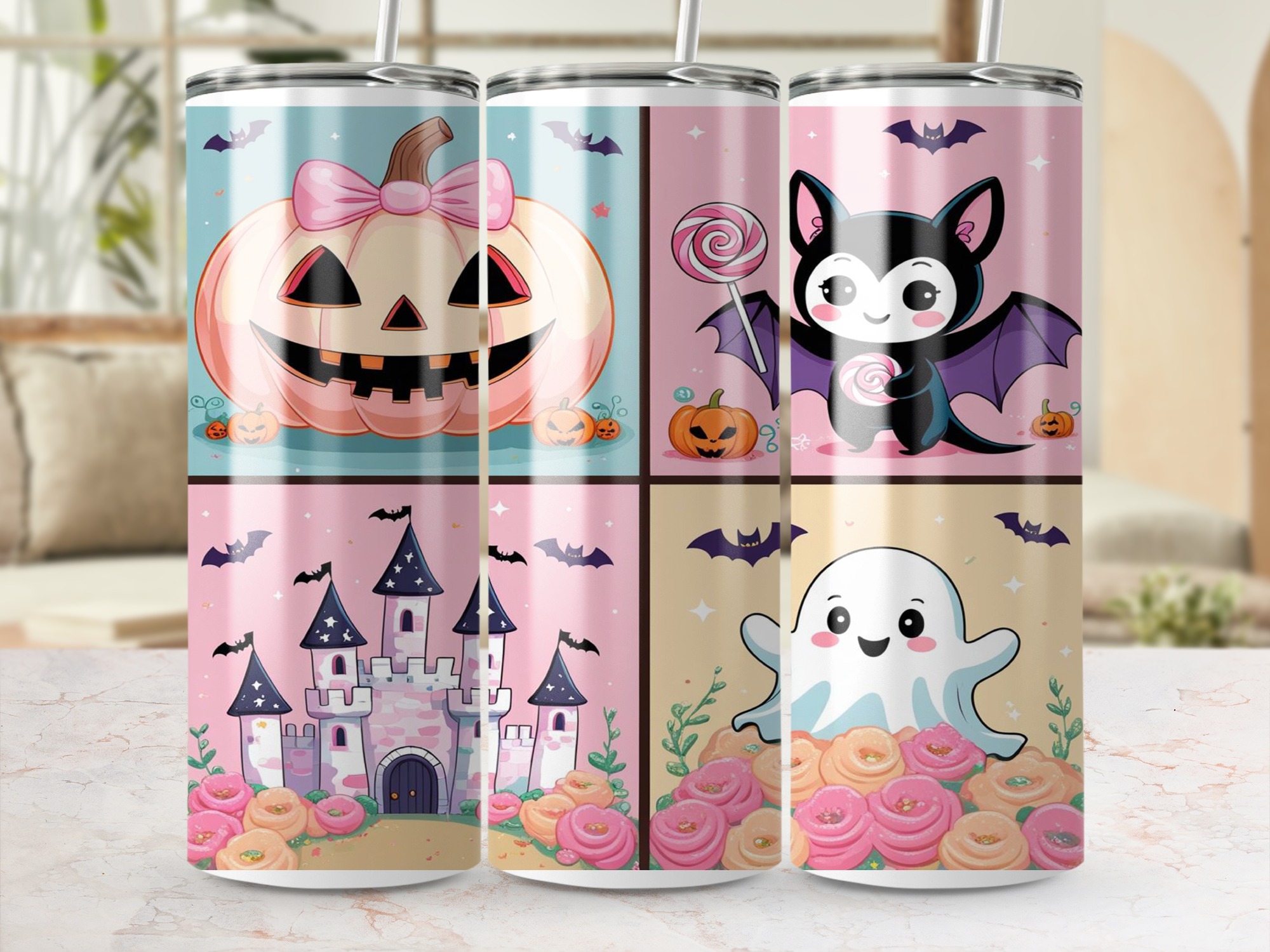 Digital Halloween Tumbler Wrap, Sublimation 20oz, Cute Pumpkin Bat Ghost Castle Tumbler Design, Spooky Season Digital Download - Image 4