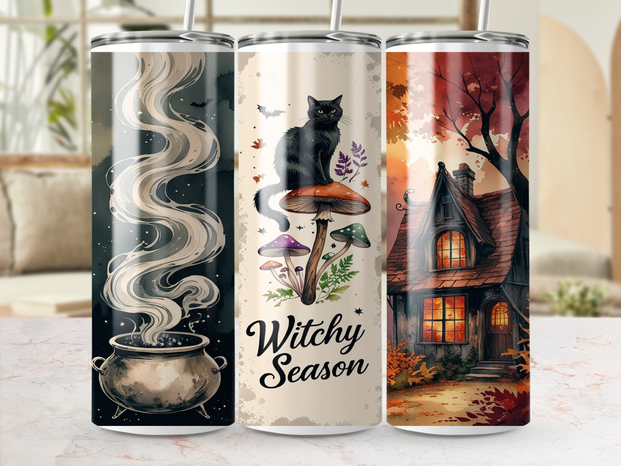 Witchy Season 20oz Tumbler Wrap, Digital Download, Spooky Tumbler Design, Black Cat, Cauldron Sublimation, Autumn House, Instant Download - Image 3