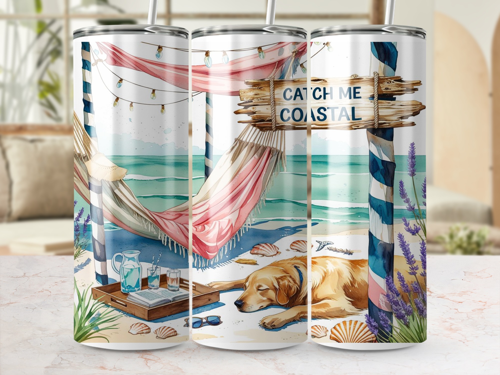 Coastal Golden Retriever Digital,Sublimation 20oz Tumbler Wrap Digital Download, Beach Dog Wrap, Catch Me Coastal, Summer Tumbler Design - Image 3