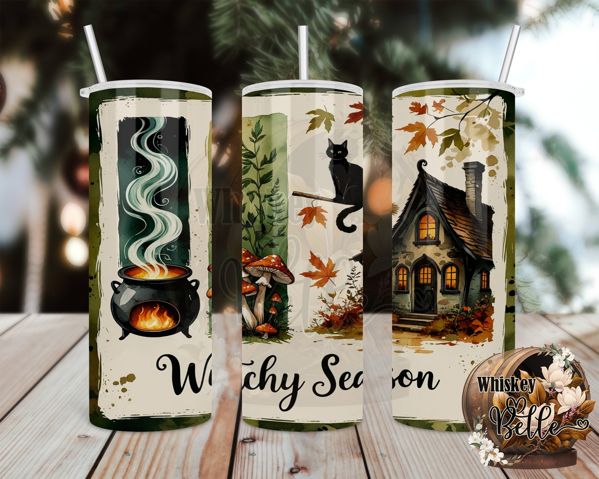 Witchy Season 20oz Tumbler Wrap, Digital Download, Sublimation Design, Cauldron, Black Cat, Witch Cottage, Fall Leaves, Tumbler Design - Image 2
