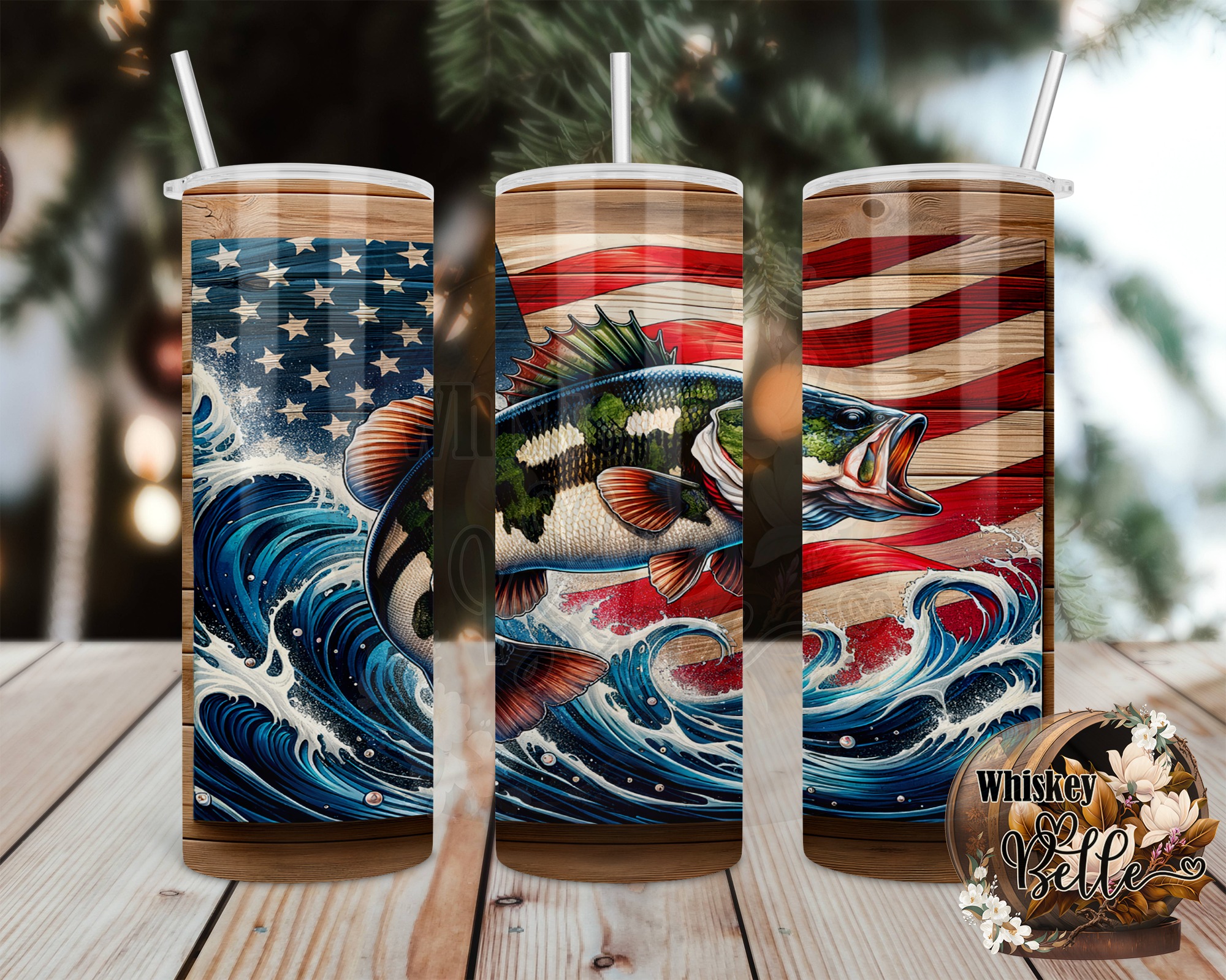 Patriotic Bass 20oz Sublimation Design, American Flag Tumbler Digital Download, USA Fish Tumbler Design, 4th of July, Fishing Tumbler Design - Image 2
