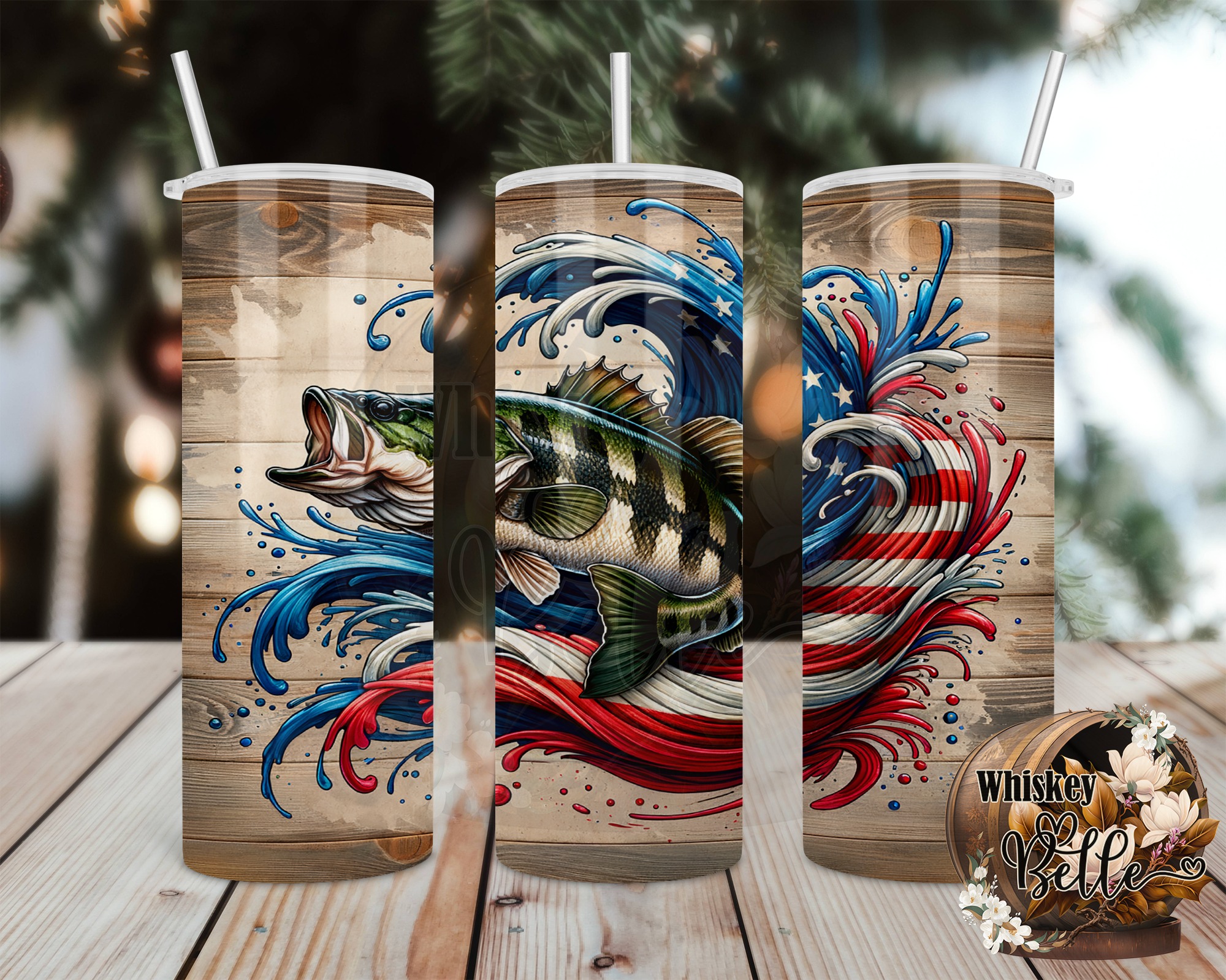Bass Fish, American Flag, 20oz Sublimation Digital Download, Tumbler Design, Digital File, USA, Patriotic, Fishing Design - Image 2