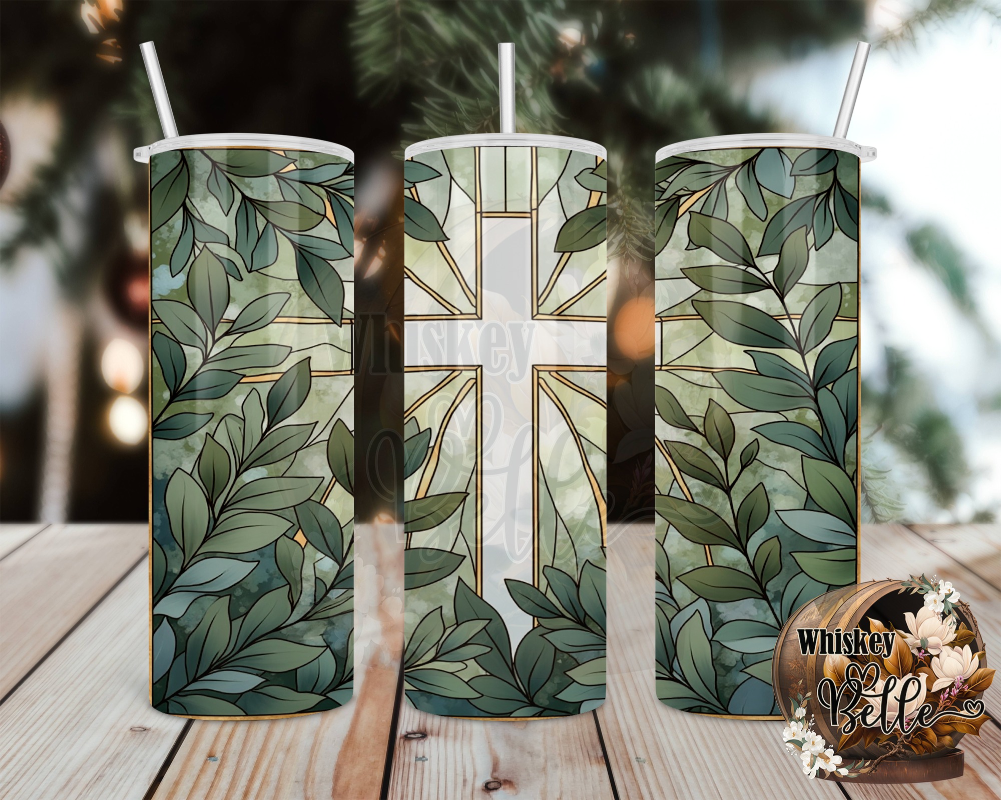 Cross Leaves Digital Download, 20oz Sublimation Design, Christian Tumbler Design, Religious Tumbler, Stained Glass Tumbler, DIY Gift - Image 2