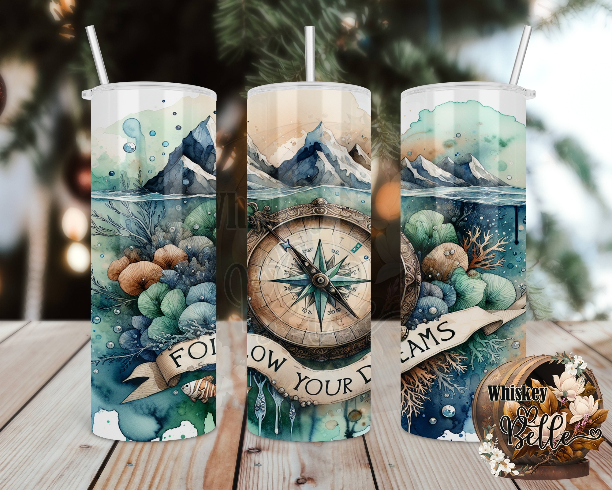 Watercolor Compass 20oz Sublimation Digital Download, Follow Your Dreams Tumbler Design, Nautical Tumbler Wrap, Mountain Tumbler PNG - Image 2