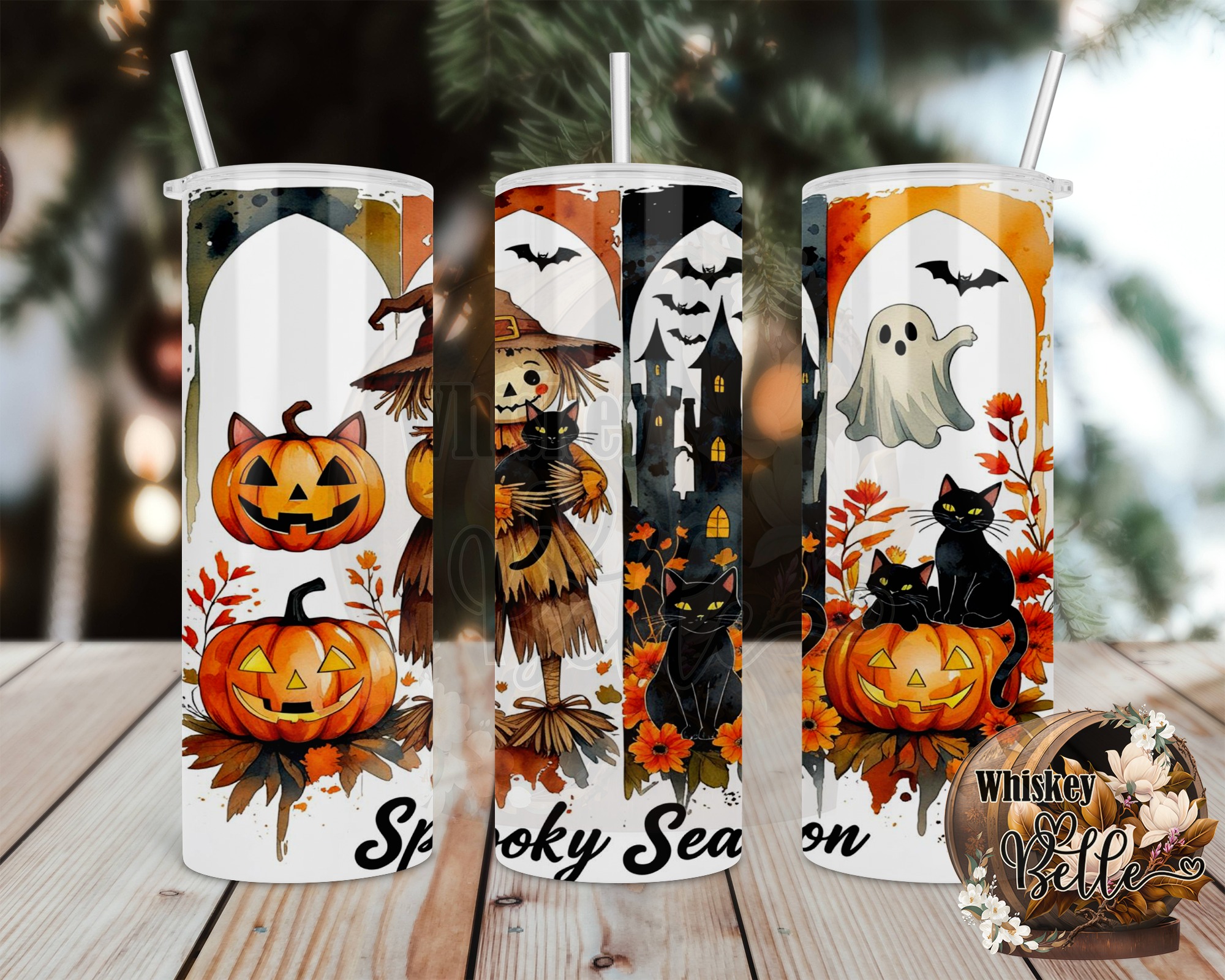Spooky Season 20oz Tumbler Wrap Digital Download, Halloween Sublimation Design, Pumpkin Scarecrow Ghost Black Cat Tumbler Design - Image 2