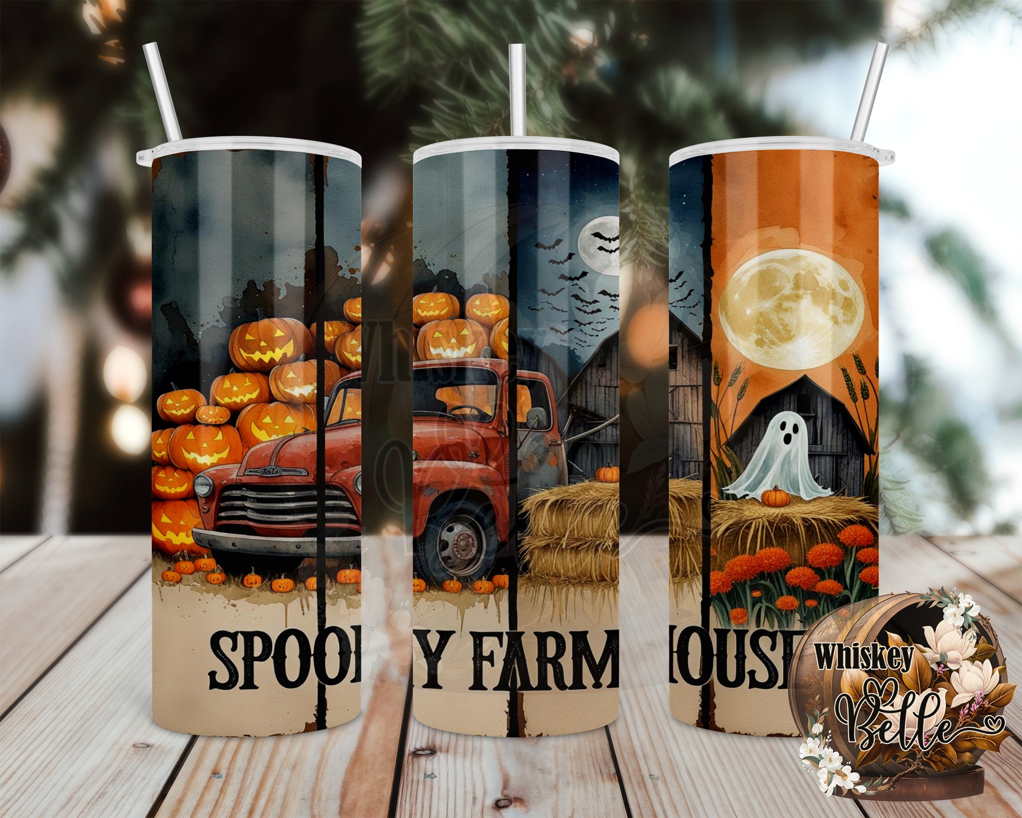 Spooky Farmhouse Tumbler Wrap, Halloween Digital Download, Truck and Pumpkins Sublimation 20oz Tumbler Design, Ghost Full Moon Design - Image 2