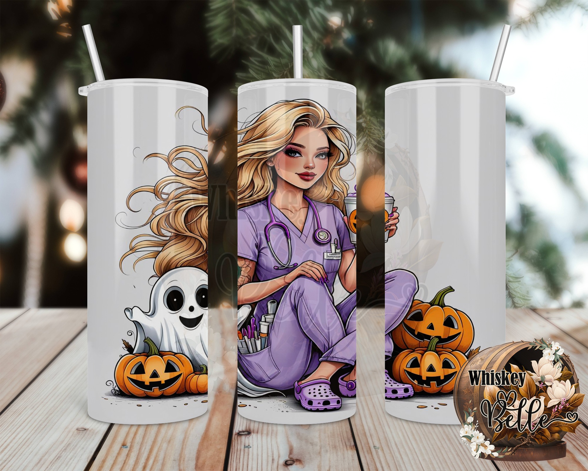 Nurse Halloween Digital Download, 20oz Tumbler Wrap Sublimation Design, Spooky Season Nurse Gift, Ghost Pumpkin Tumbler Design PNG - Image 2