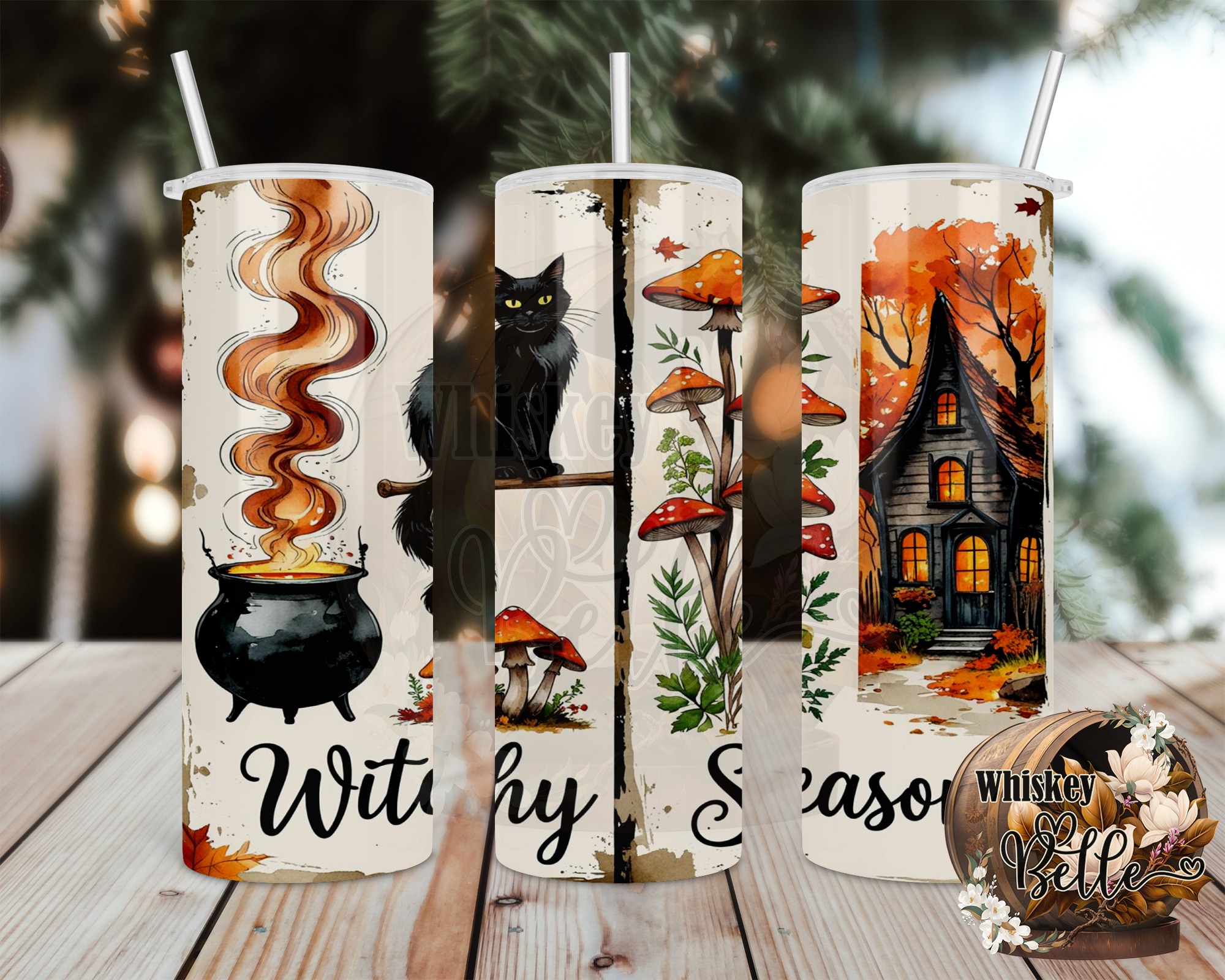 Witchy Season 20oz Tumbler Wrap Digital Download, Halloween Sublimation, Black Cat, Spooky House, Autumn Leaves, Cauldron Design - Image 2