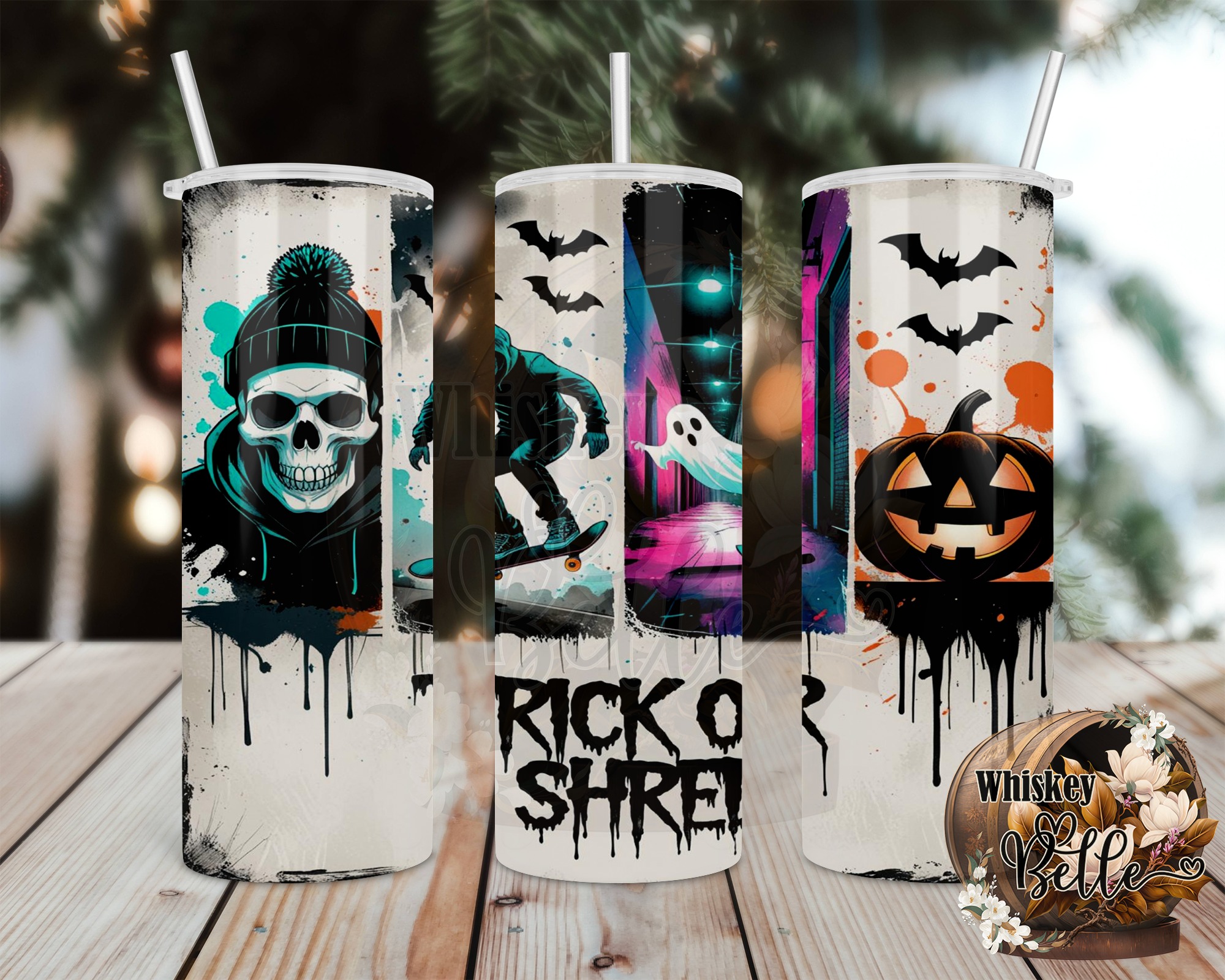 Trick Or Shred, Skull Sublimation 20oz Tumbler Wrap, Halloween Tumbler Design, Skateboard Ghost Tumbler, Digital Download, Funny Wrap - Image 2