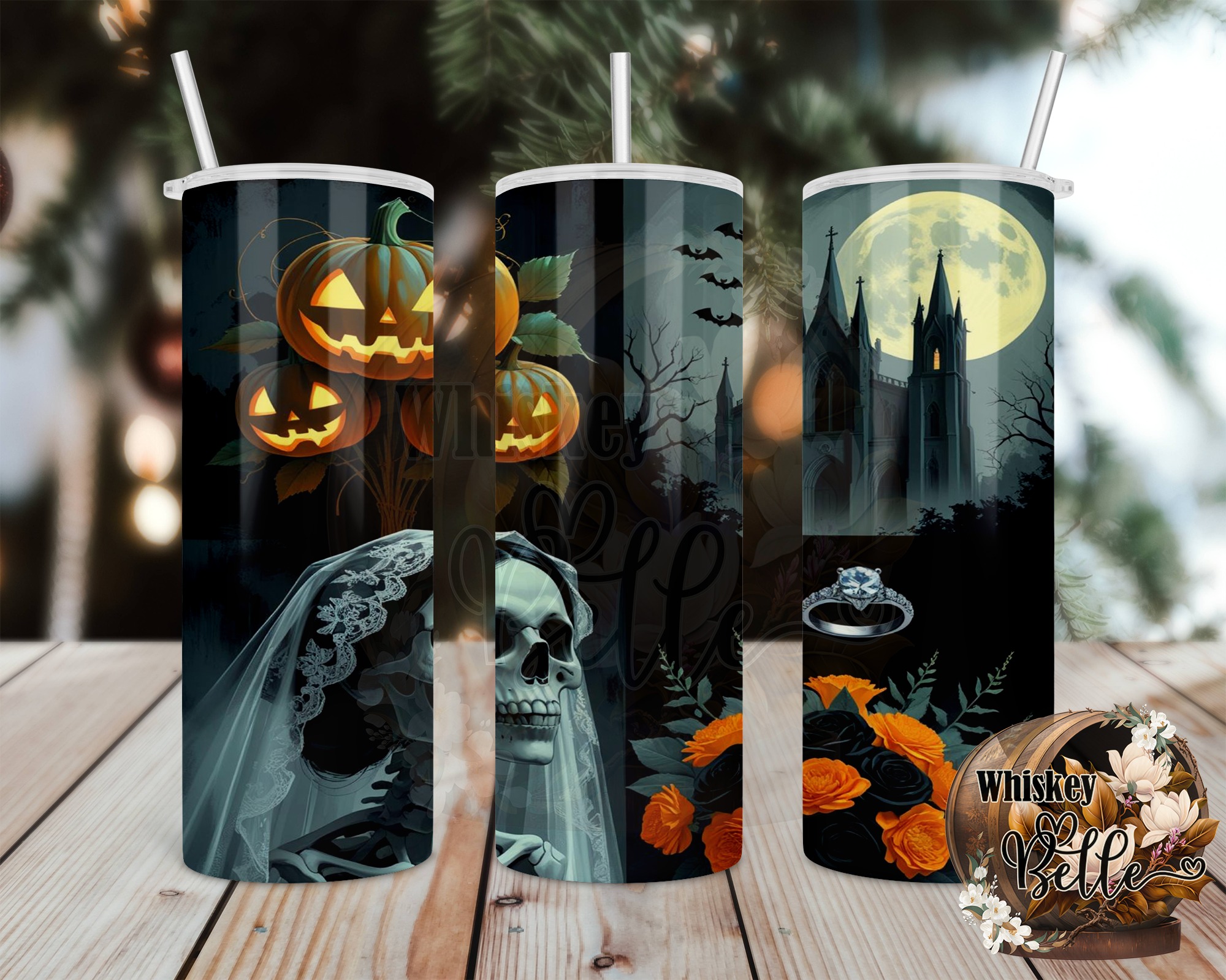Halloween Bride 20oz Tumbler Wrap, Spooky Digital Download, Pumpkin Church Sublimation Design, Wedding Ring, Skull Printable Art - Image 2