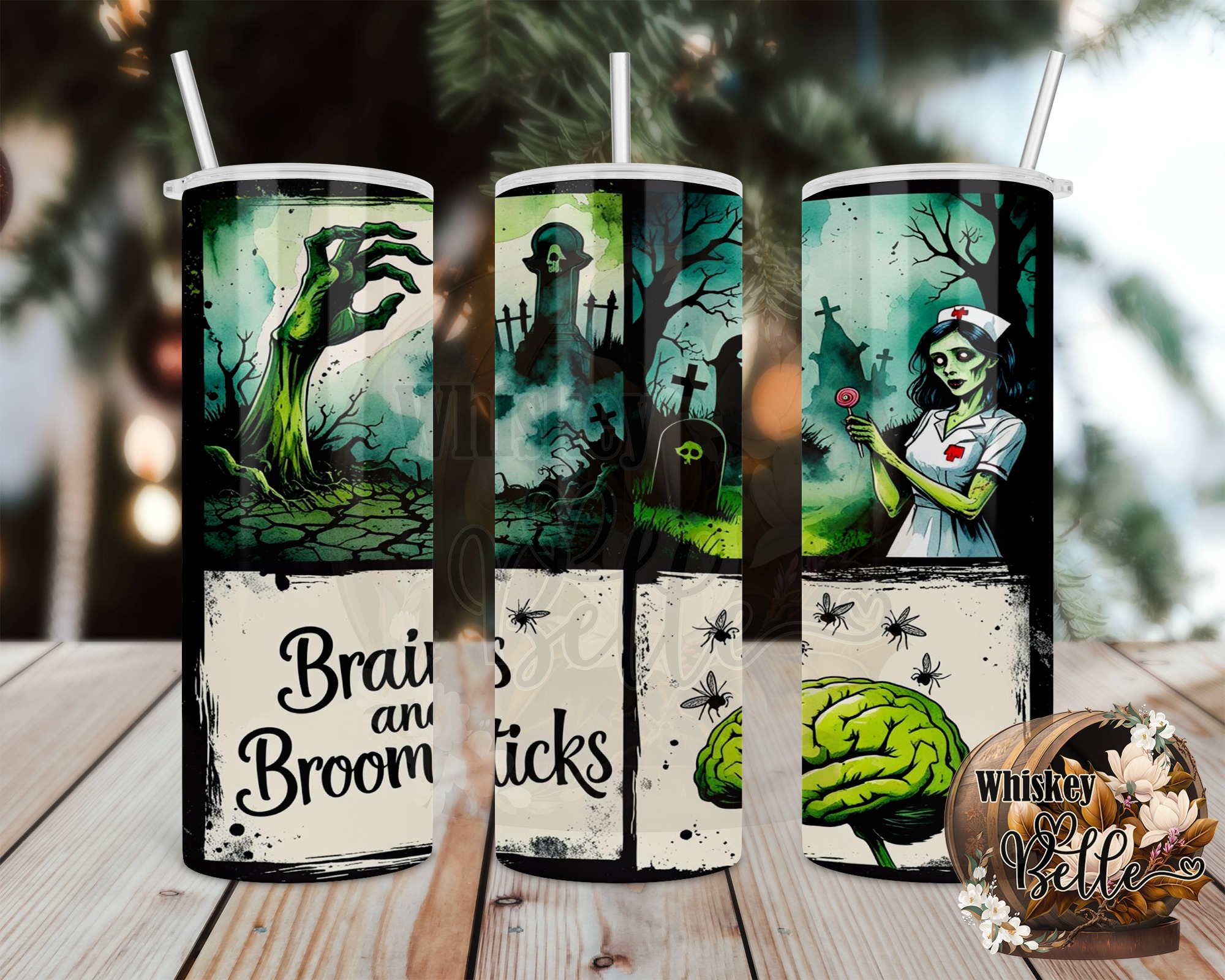 Halloween Digital Sublimation 20oz Tumbler Wrap Download, Zombie Nurse, Brains and Broomsticks, Spooky Season, Tombstone Design - Image 2