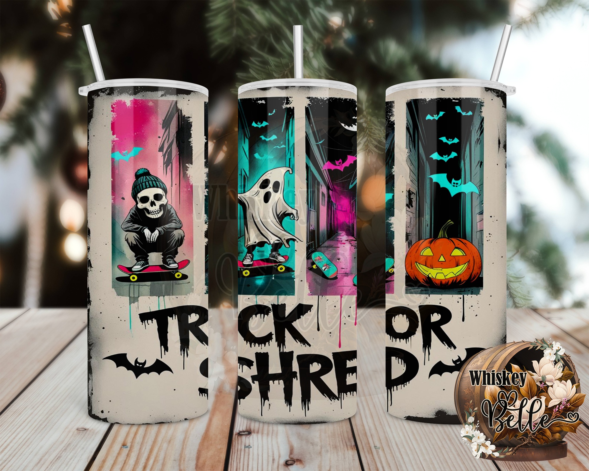 Trick or Shred Tumbler Wrap, Halloween Sublimation Design, Digital Download 20oz Tumbler, Skateboard Ghost Pumpkin, PNG Instant File - Image 2