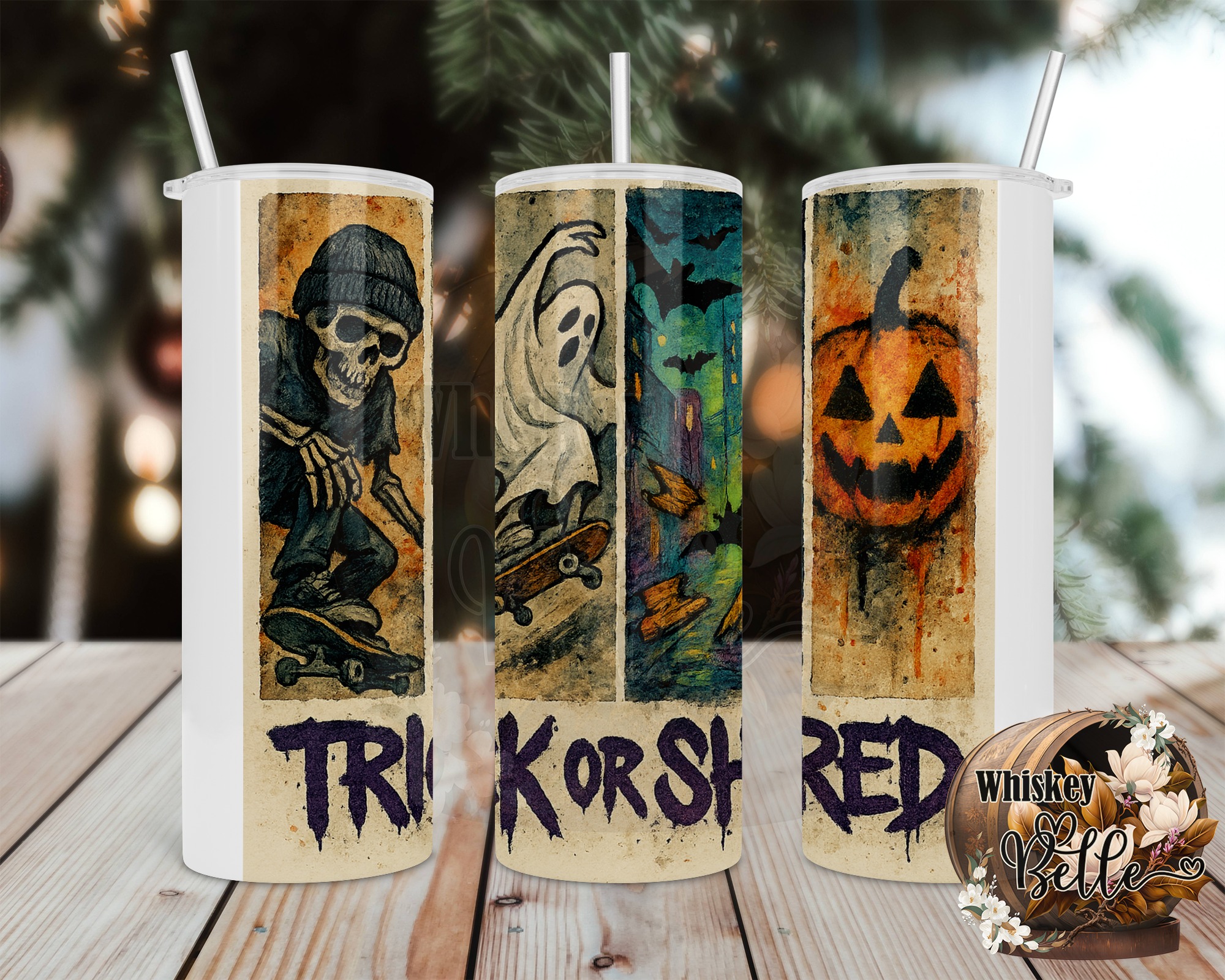 Trick Or Shred Tumbler Wrap, Halloween Digital Download, Sublimation 20oz Tumbler Design, Skateboard Skeleton, Ghost, Pumpkin - Image 2