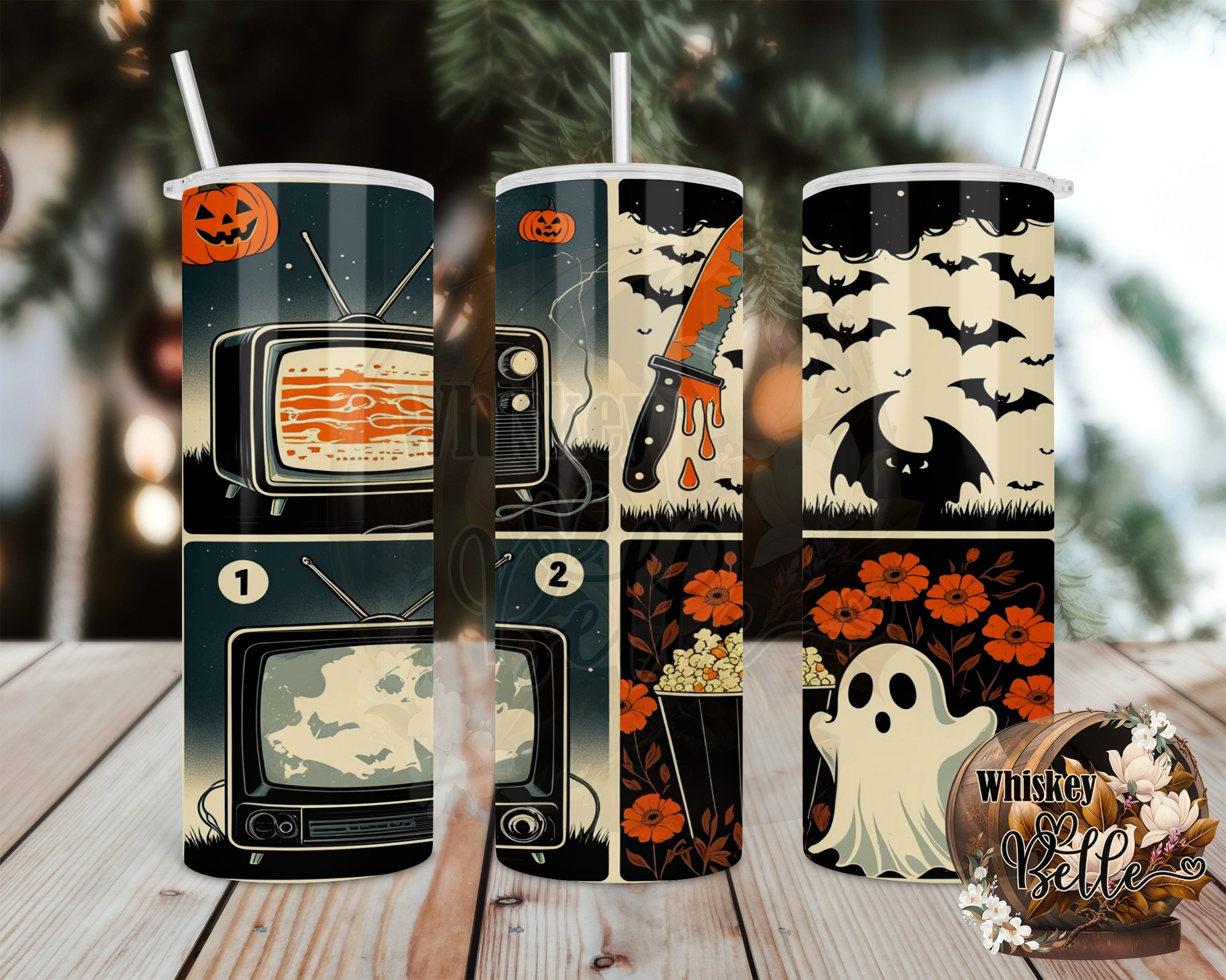 Retro Halloween Digital,Sublimation 20oz Tumbler Wrap Digital Download,Spooky TV Ghost Tumbler,Bats and Knife,Tumbler Design,PNG - Image 2
