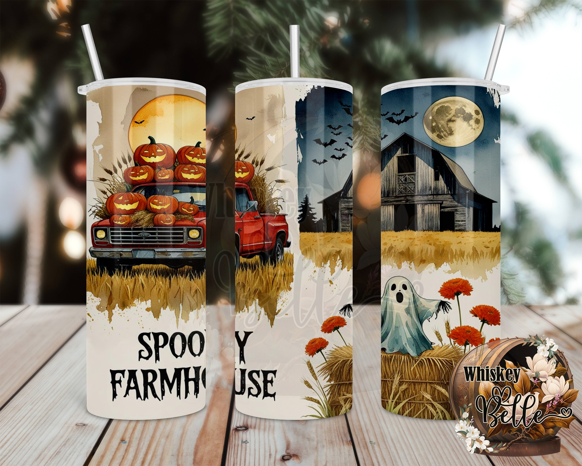 Spooky Farmhouse 20oz Tumbler Wrap, Halloween Digital Download, Pumpkin Truck, Ghost Barn, Sublimation Design, Fall Tumbler Design - Image 2