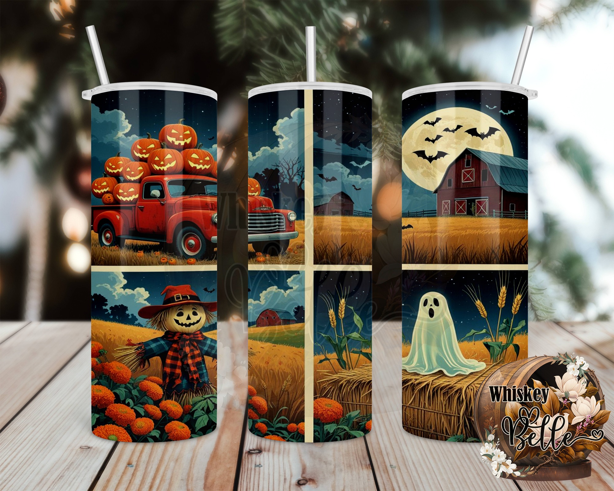 Halloween Tumbler Wrap Digital Download, 20oz Sublimation Design, Fall Truck, Ghost, Scarecrow, Barn, Autumn Nights, Full Wrap PNG - Image 2