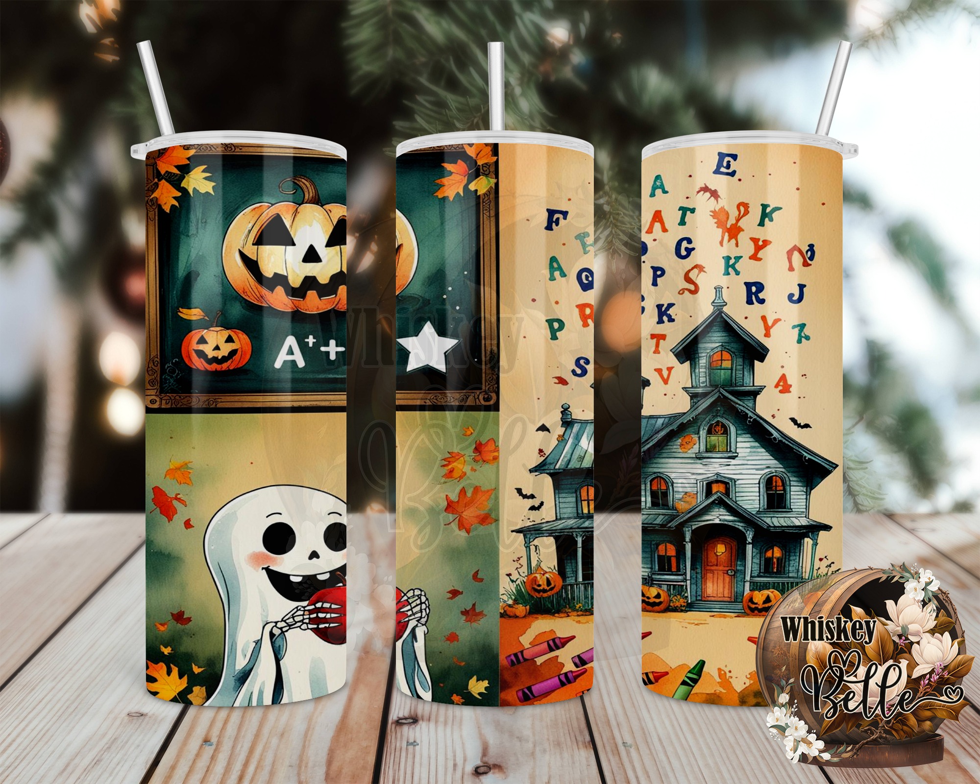 Halloween School 20oz Tumbler Wrap Digital Download, Sublimation Design, Ghost, Pumpkin, Haunted House, Teacher Tumbler Design - Image 2