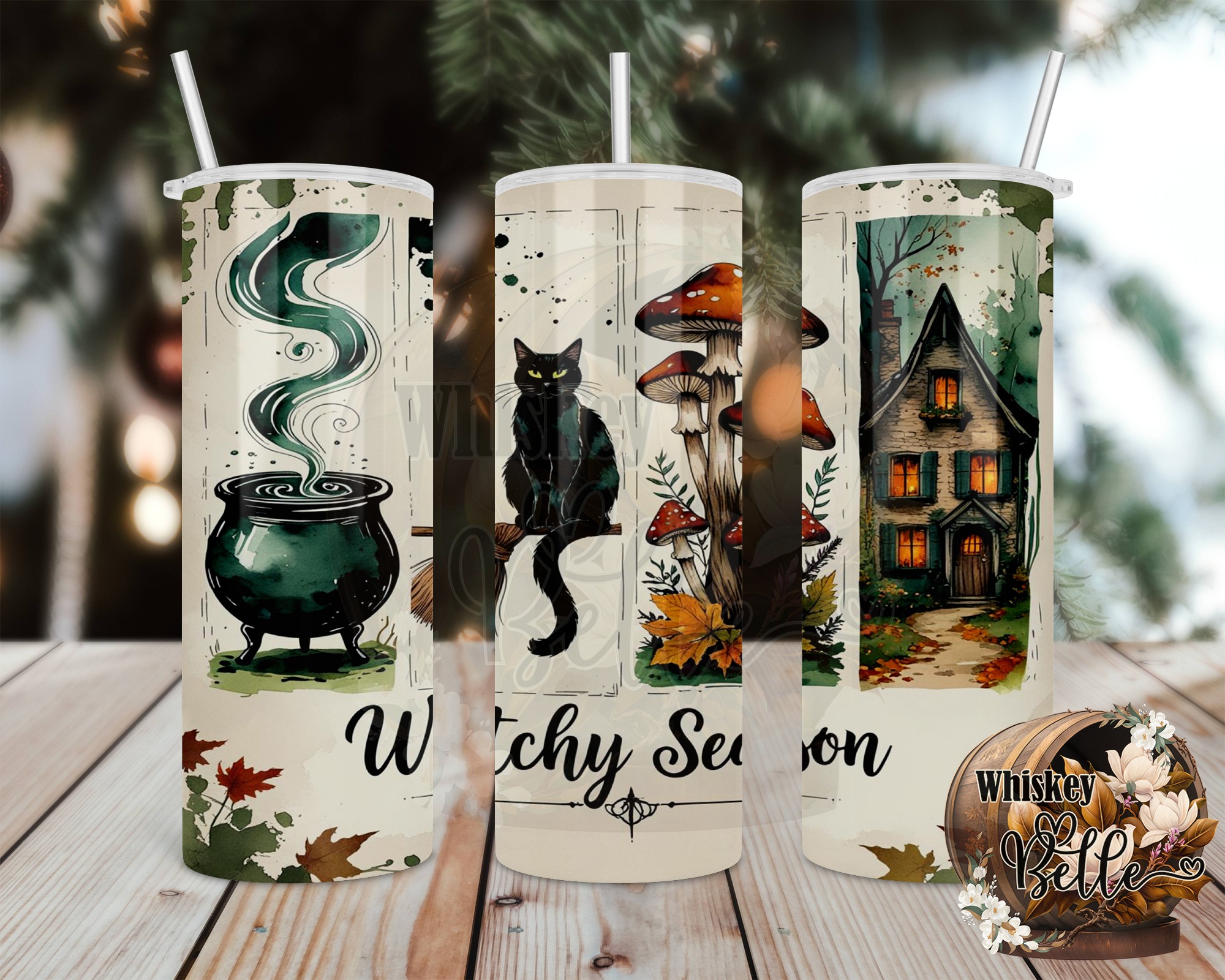 Witchy Season Digital,Sublimation 20oz Tumbler Wrap Digital Download, Cauldron,Black Cat,Mushroom House Tumbler Design,Seamless Wrap - Image 2