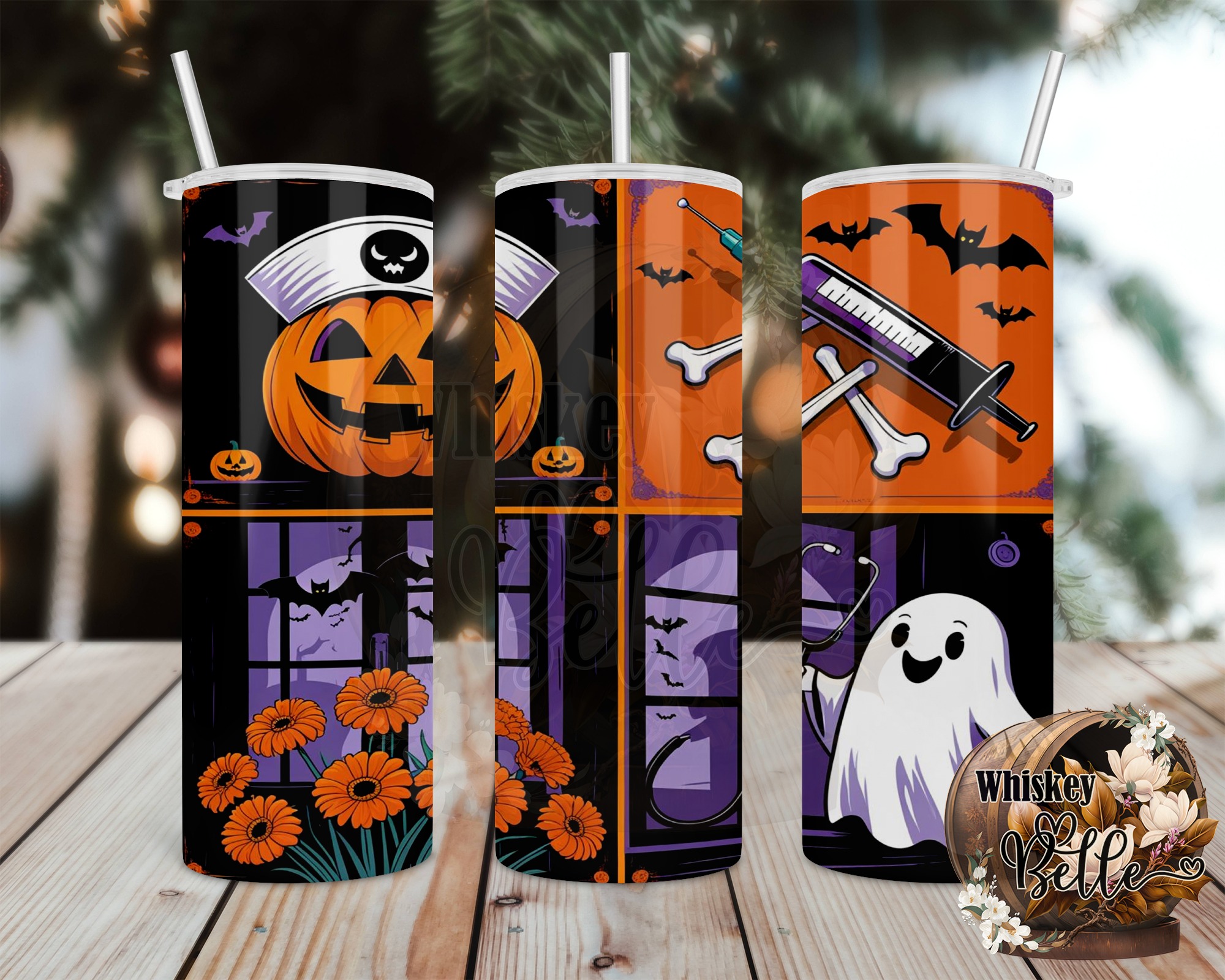 Halloween Nurse Pumpkin 20oz Tumbler Wrap, Digital Download, Spooky Ghost, PNG Sublimation Design, Medical Tumbler Design - Image 2