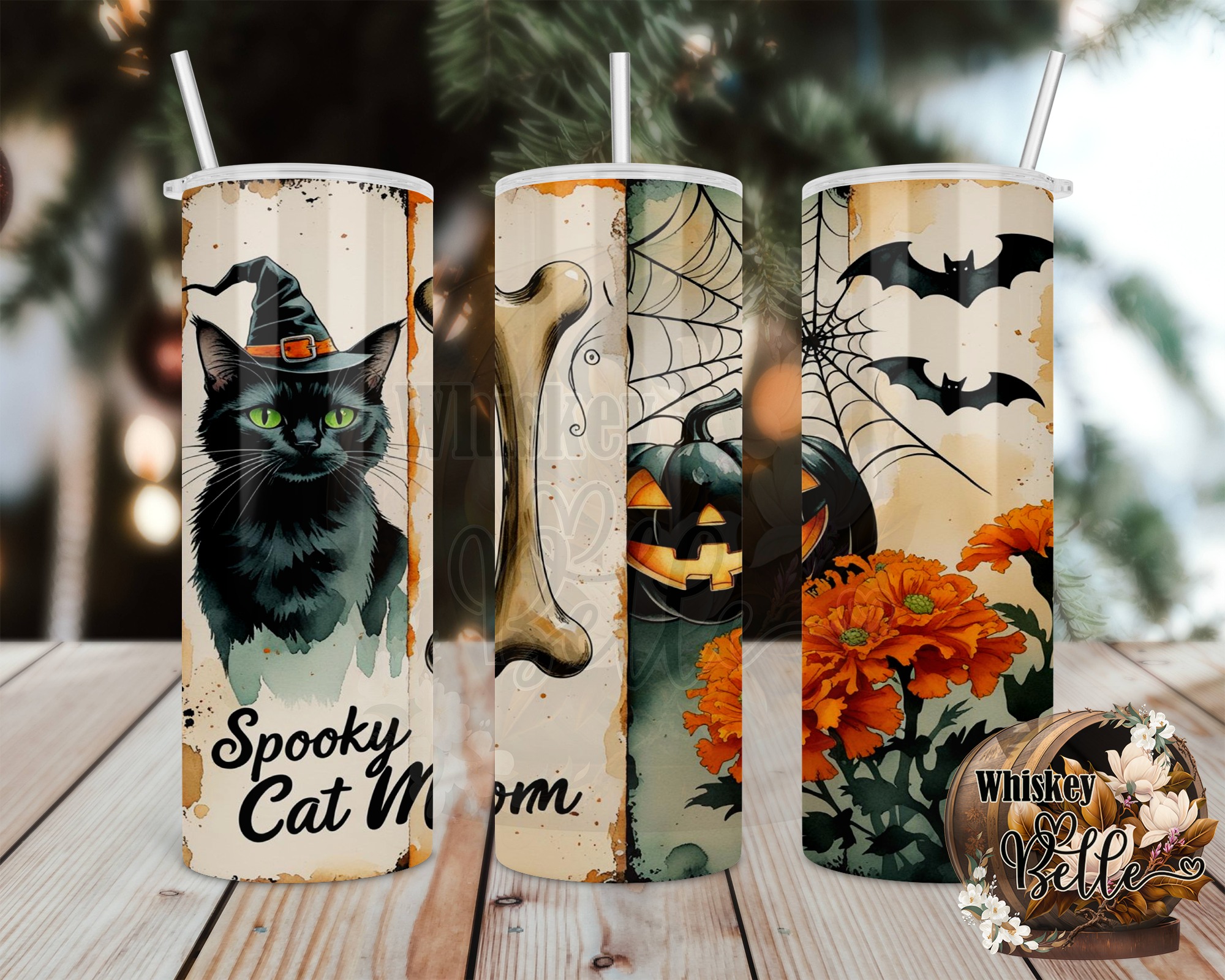 Spooky Cat Mom Digital,Sublimation 20oz Tumbler Wrap, Halloween Cat Tumbler Design, Witch Cat, Pumpkin, Bat,Halloween Tumbler Digital - Image 2