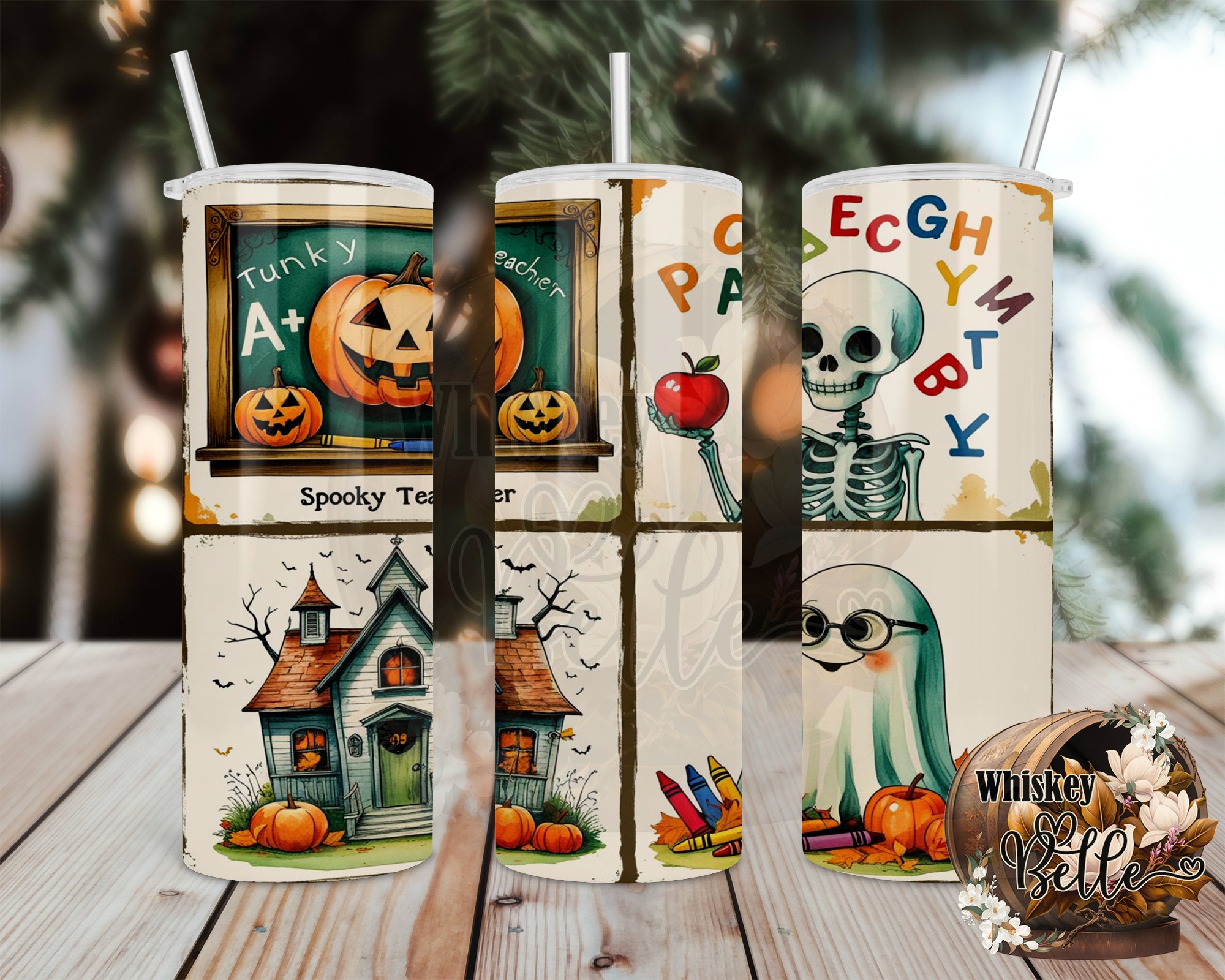Spooky Teacher 20oz Tumbler Wrap, Halloween Digital Download, Sublimation Design, Cute Ghost Pumpkin Skeleton PNG, Teacher Gift Idea - Image 2
