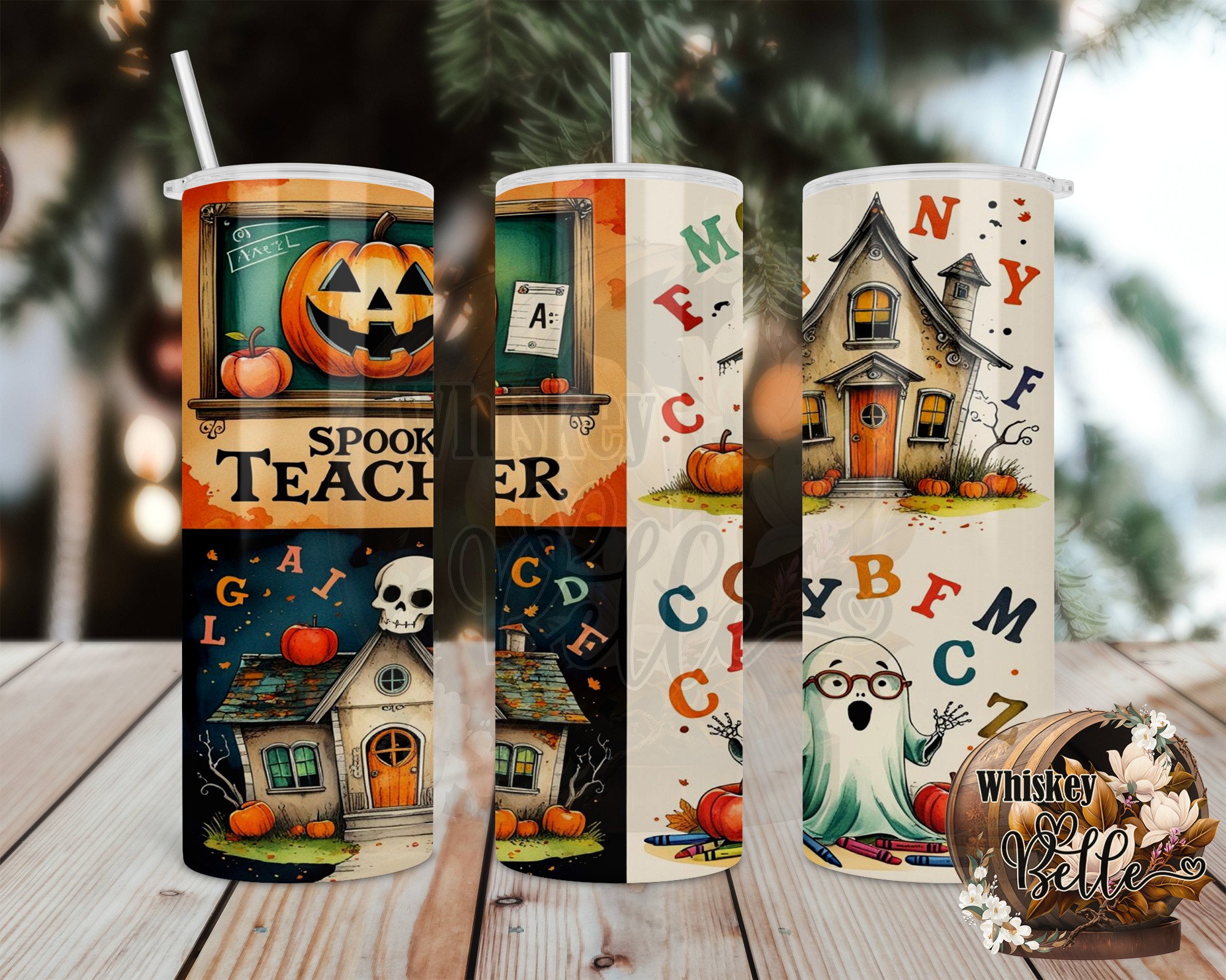 Spooky Teacher 20oz Tumbler Wrap, Halloween Digital Download, Pumpkin, Ghost, School House, Sublimation Design, Teacher Gift, Digital - Image 2