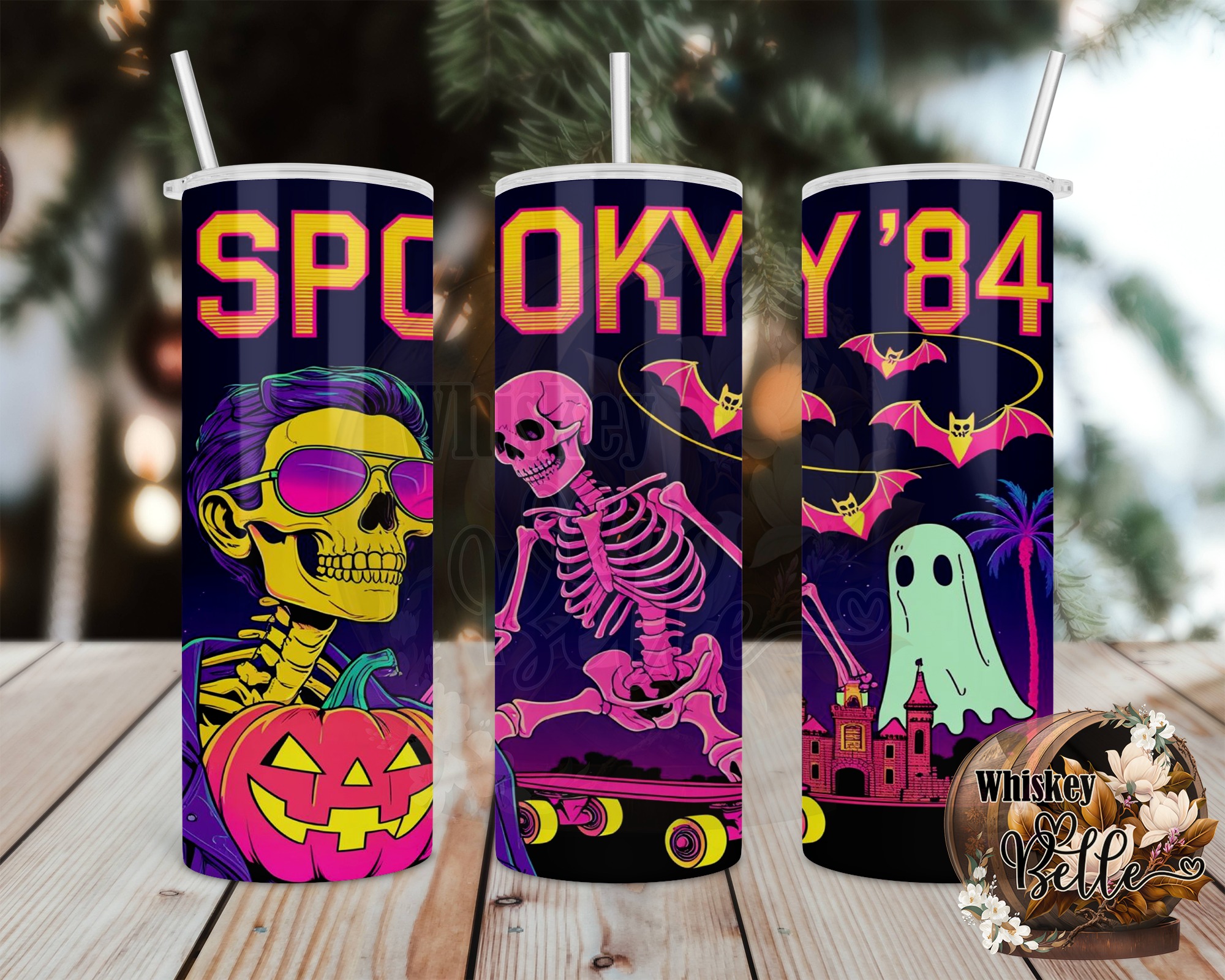 Spooky 84 Tumbler Wrap, 20oz Sublimation Design, Retro Halloween Digital Download, Skeleton Ghost PNG, Tumbler Template Printable - Image 2