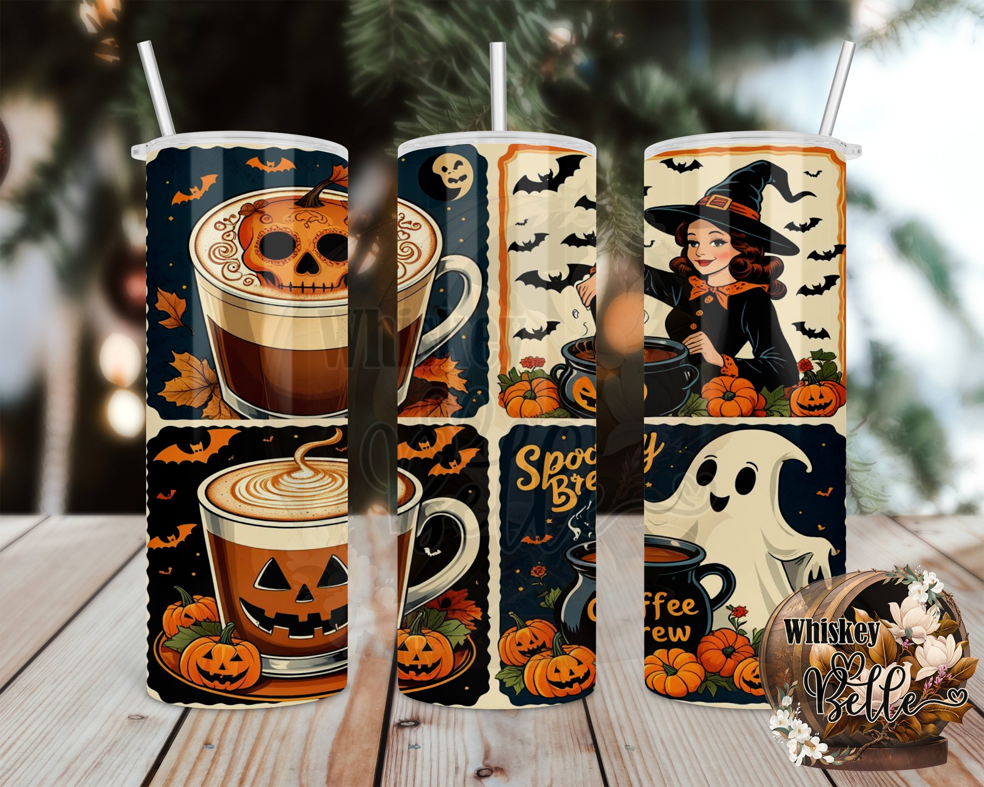 Digital Halloween Tumbler Wrap, Sublimation 20oz, Ghost Witch Pumpkin Coffee, Fall Digital Download, Spooky Season Tumbler Design - Image 2