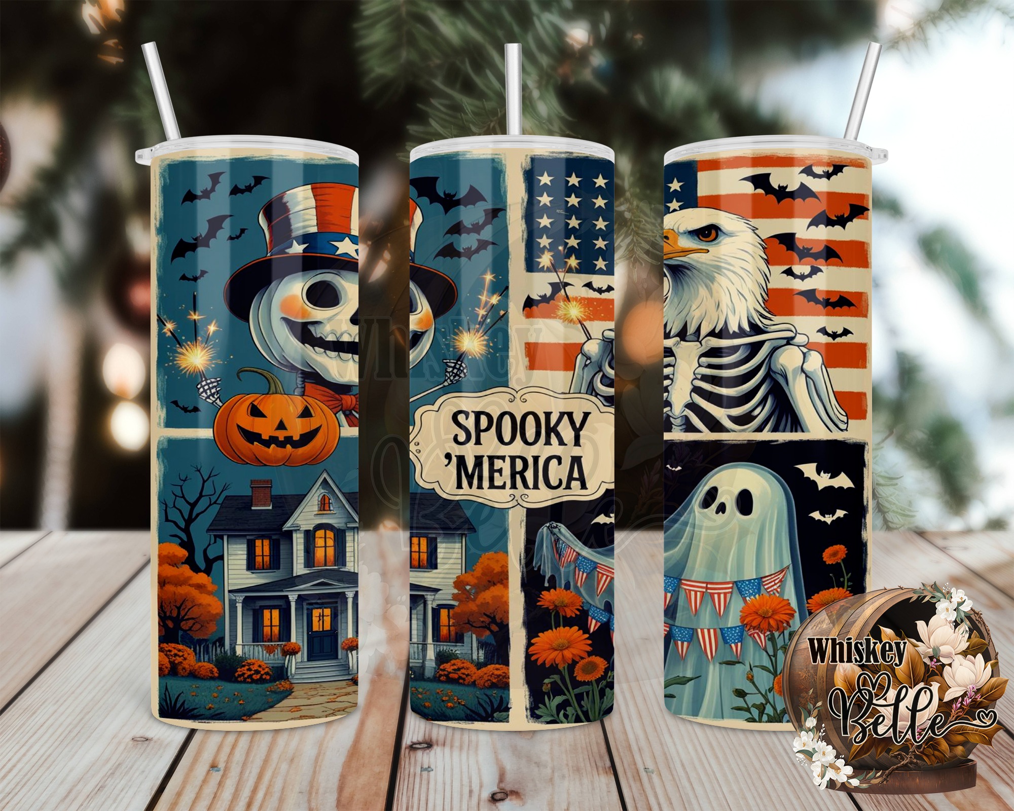 Spooky Merica Digital Download, Sublimation 20oz Tumbler Wrap, Patriotic Halloween Design, American Flag, Eagle Skeleton, Ghost Tumbler - Image 2