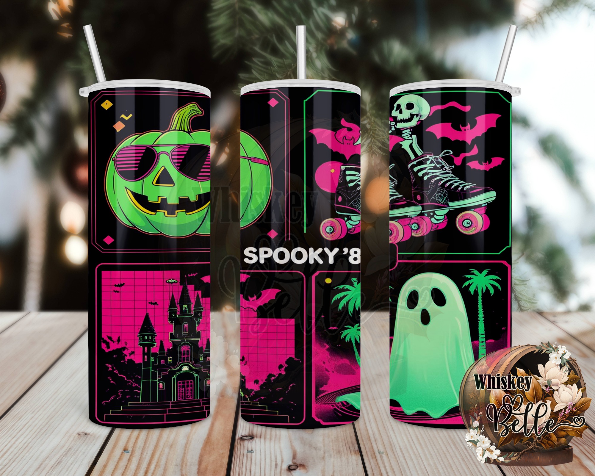 Digital Sublimation 20oz Tumbler Wrap, Spooky 80s Design Digital Download, Retro Halloween Tumbler Design, Pumpkin Bat Ghost Tumbler - Image 2