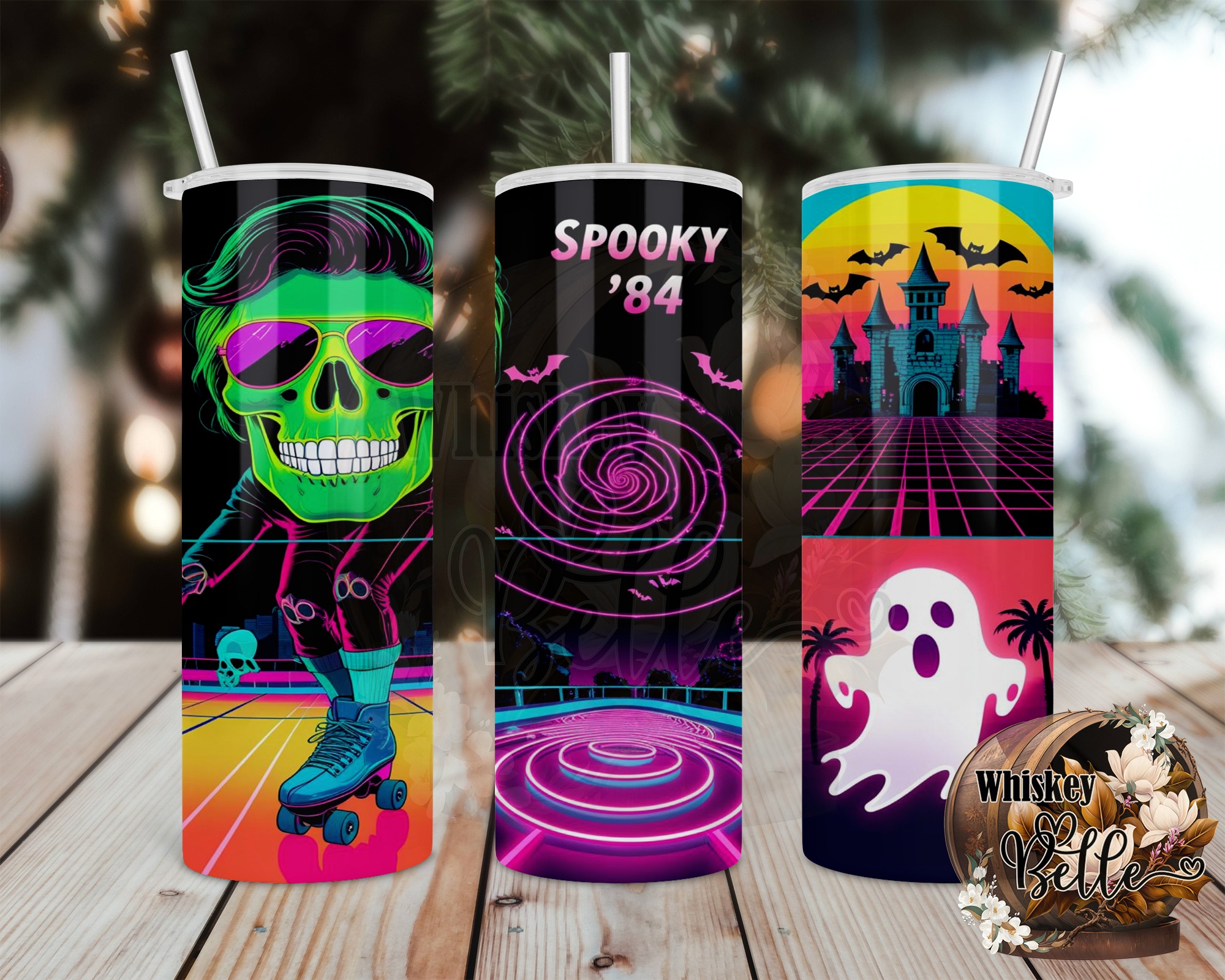 Digital Sublimation 20oz Tumbler Wrap Digital Download, Retro Halloween Tumbler Design, Spooky '84, Roller Skate Skull Ghost Castle - Image 2