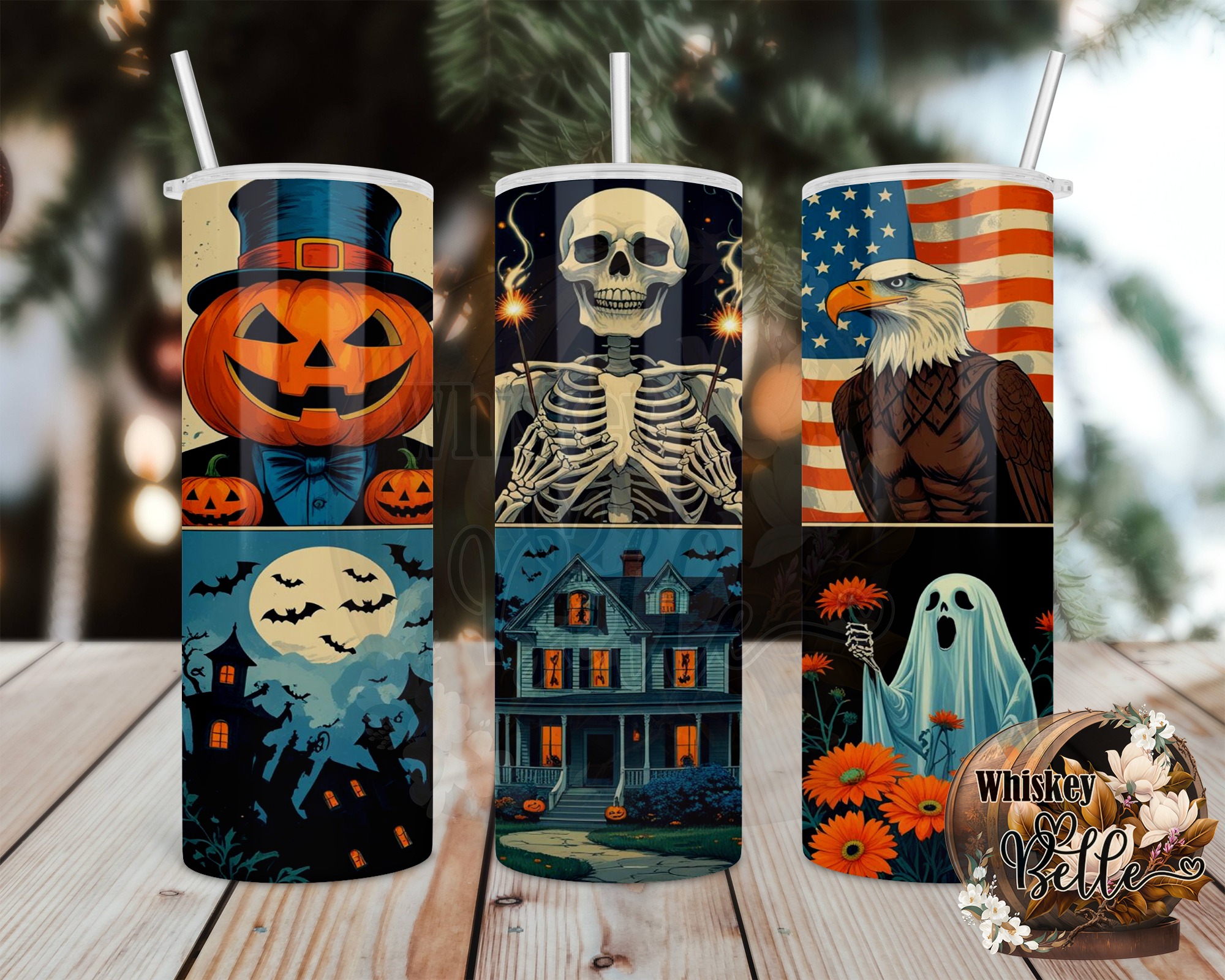 Halloween 20oz Tumbler Wrap,Digital Download,Patriotic Eagle Sublimation Design,Haunted House,Pumpkins,Ghost Tumbler Design,Spooky Skeletons - Image 2