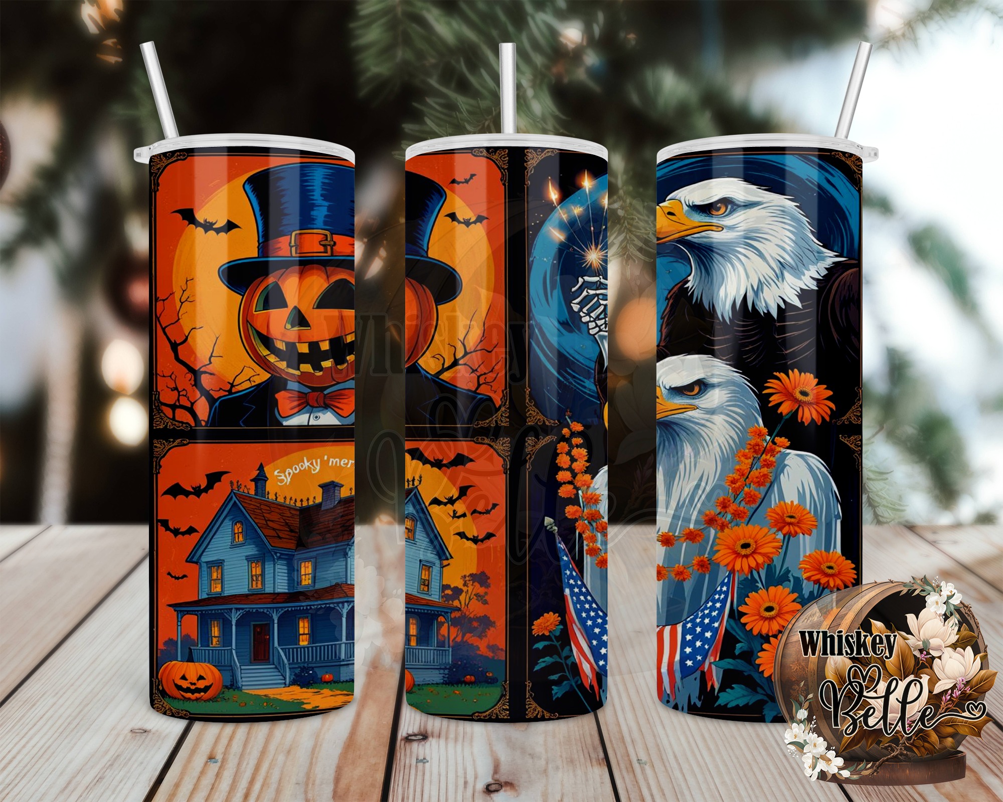 Patriotic Halloween 20oz Tumbler Wrap, Digital Sublimation, Spooky Eagle Pumpkin Design, Instant Download, Tumbler Template, USA Theme - Image 2