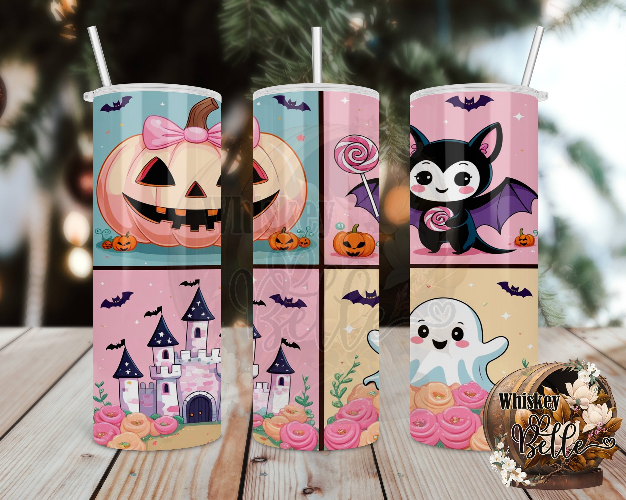 Digital Halloween Tumbler Wrap, Sublimation 20oz, Cute Pumpkin Bat Ghost Castle Tumbler Design, Spooky Season Digital Download - Image 2