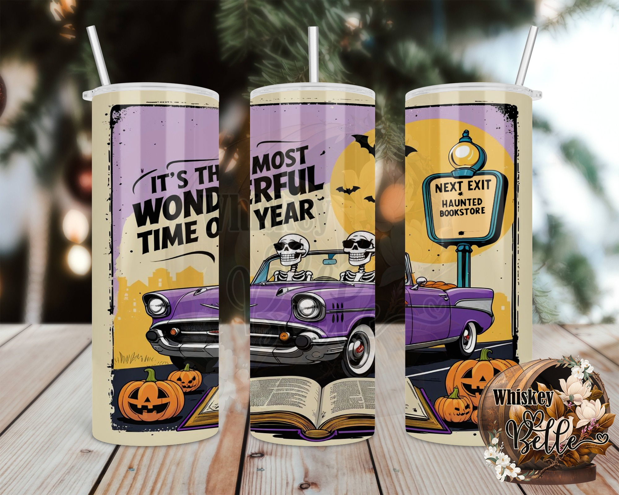 Haunted Bookstore Tumbler Wrap Digital, Skeleton Car Digital Download, Halloween Digital, Sublimation Tumbler Wrap Digital Download - Image 2