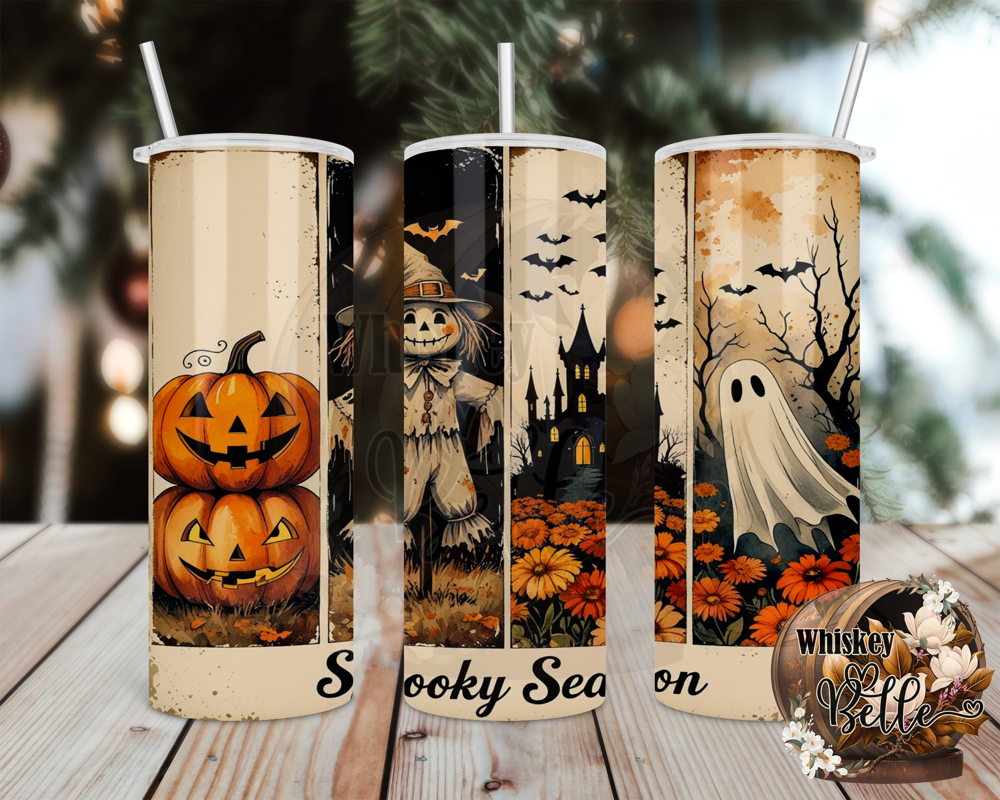 Spooky Season Digital, Sublimation 20oz Tumbler Wrap Digital Download, Halloween Tumbler Design, Pumpkin, Ghost, Scarecrow, Bats, Flowers - Image 2