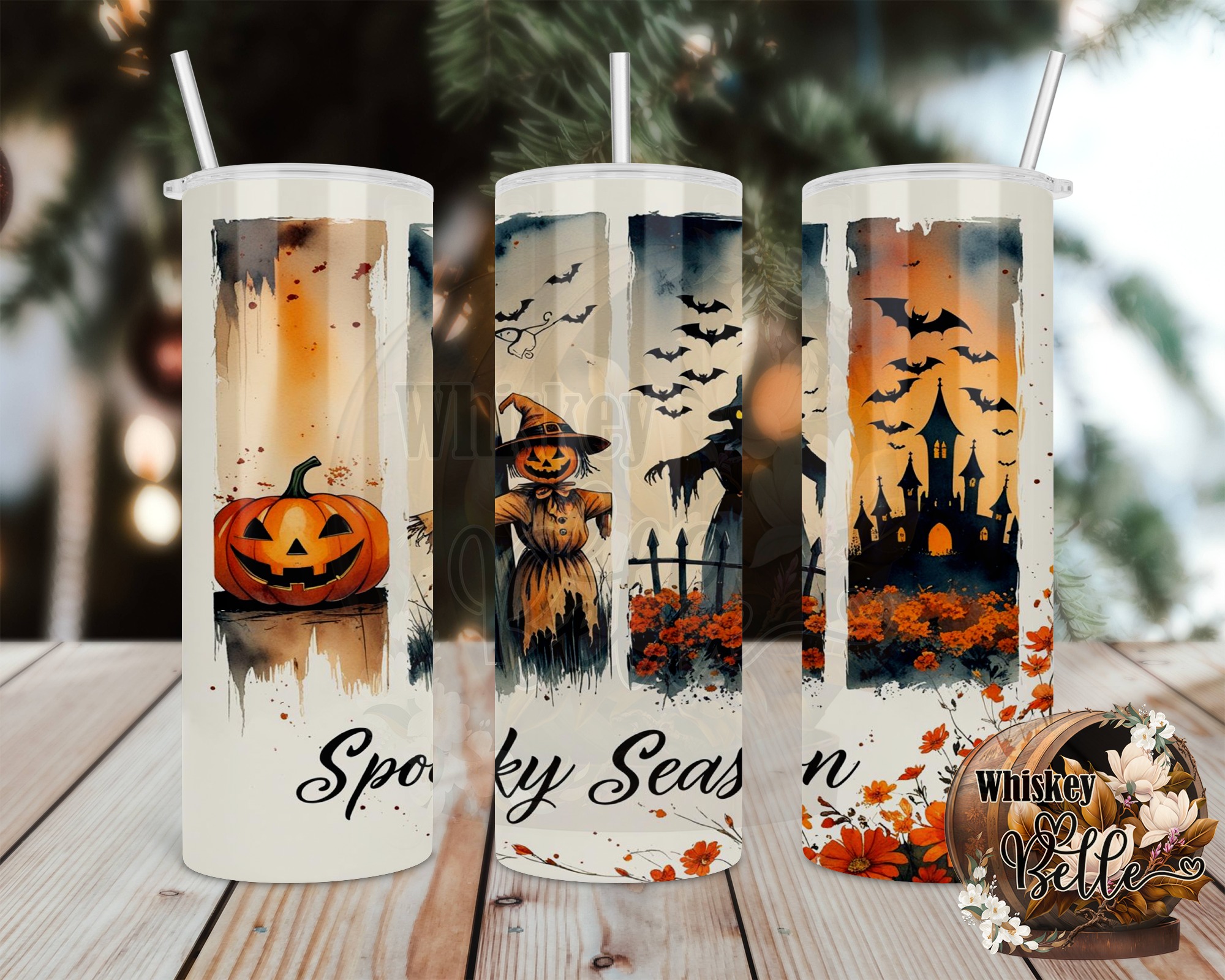 Spooky Season 20oz Tumbler Wrap Digital Download, Halloween Sublimation Design, Pumpkin Scarecrow Castle Digital Design - Image 2
