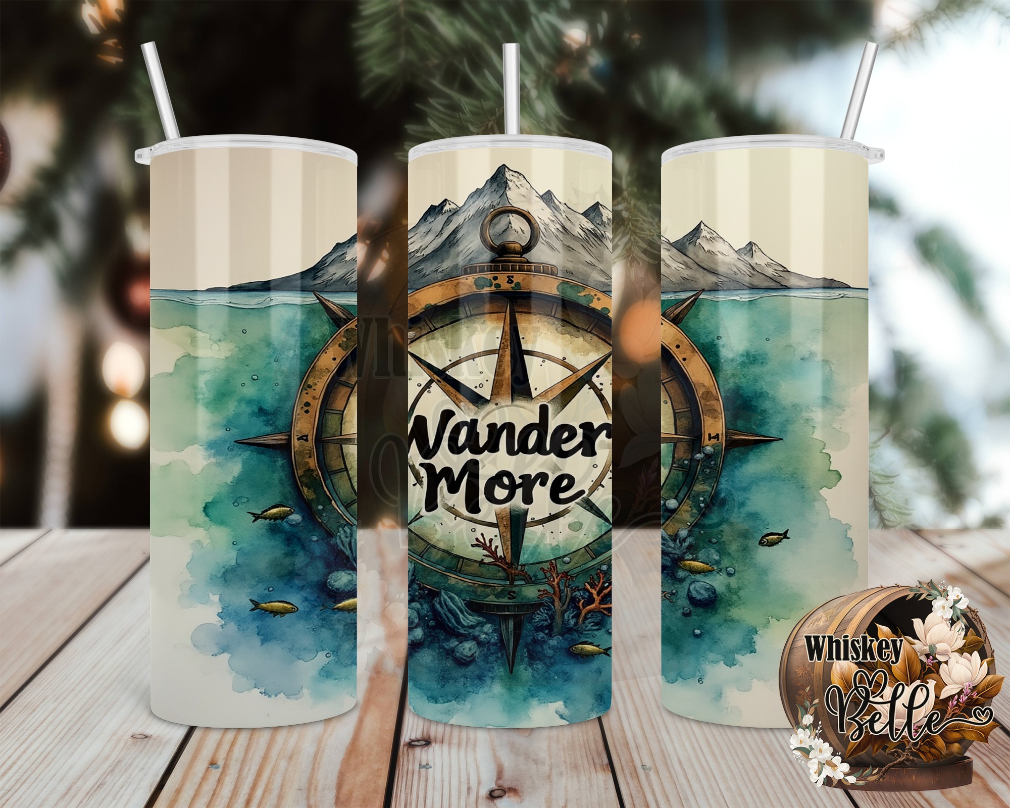 Wander More Compass, 20oz Sublimation Digital Download, Travel Tumbler Design, Ocean Adventure, Watercolor Tumbler, Nautical Theme, DIY Gift - Image 2