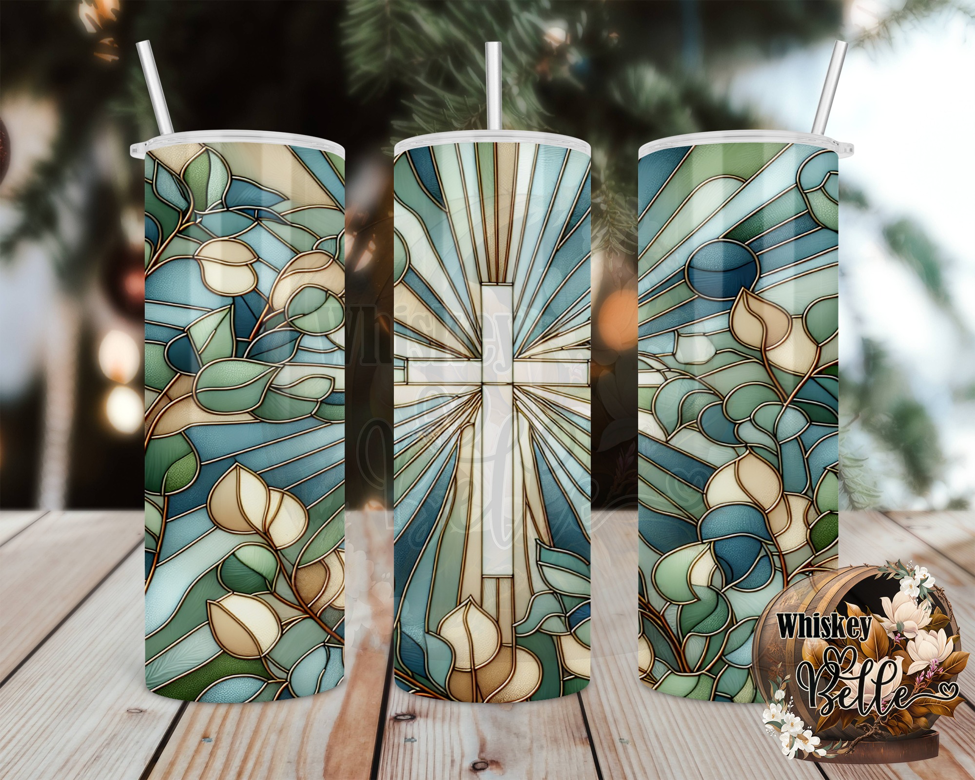 Stained Glass Cross 20oz Sublimation Digital Download,Religious Tumbler Design,Christian Faith,Eucalyptus Leaves,Tumbler Wrap,Digital File - Image 2