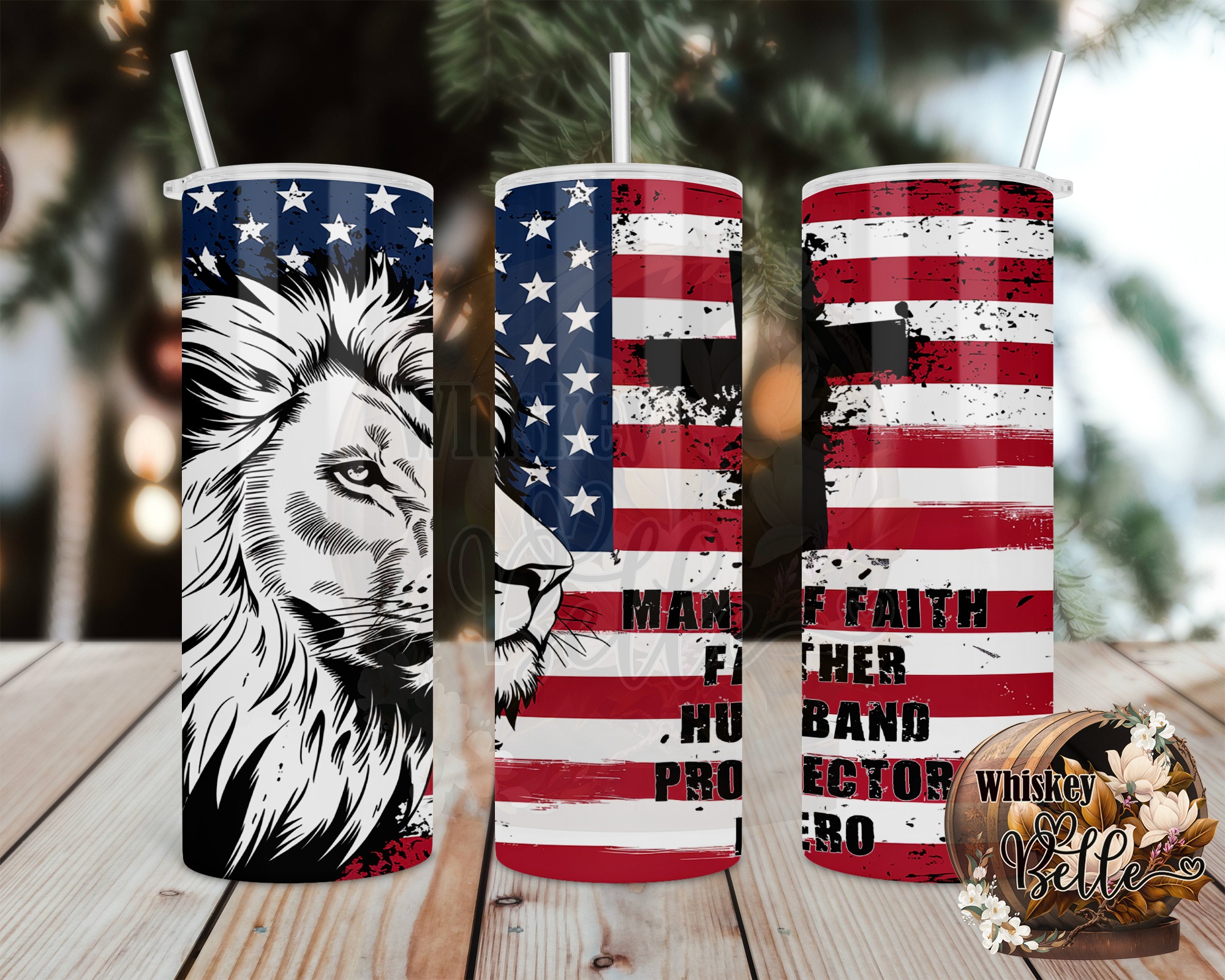 Lion American Flag 20oz Sublimation Digital Download, Man Of Faith Tumbler Design, Father Husband Hero Tumbler Template, Patriotic USA PNG - Image 2