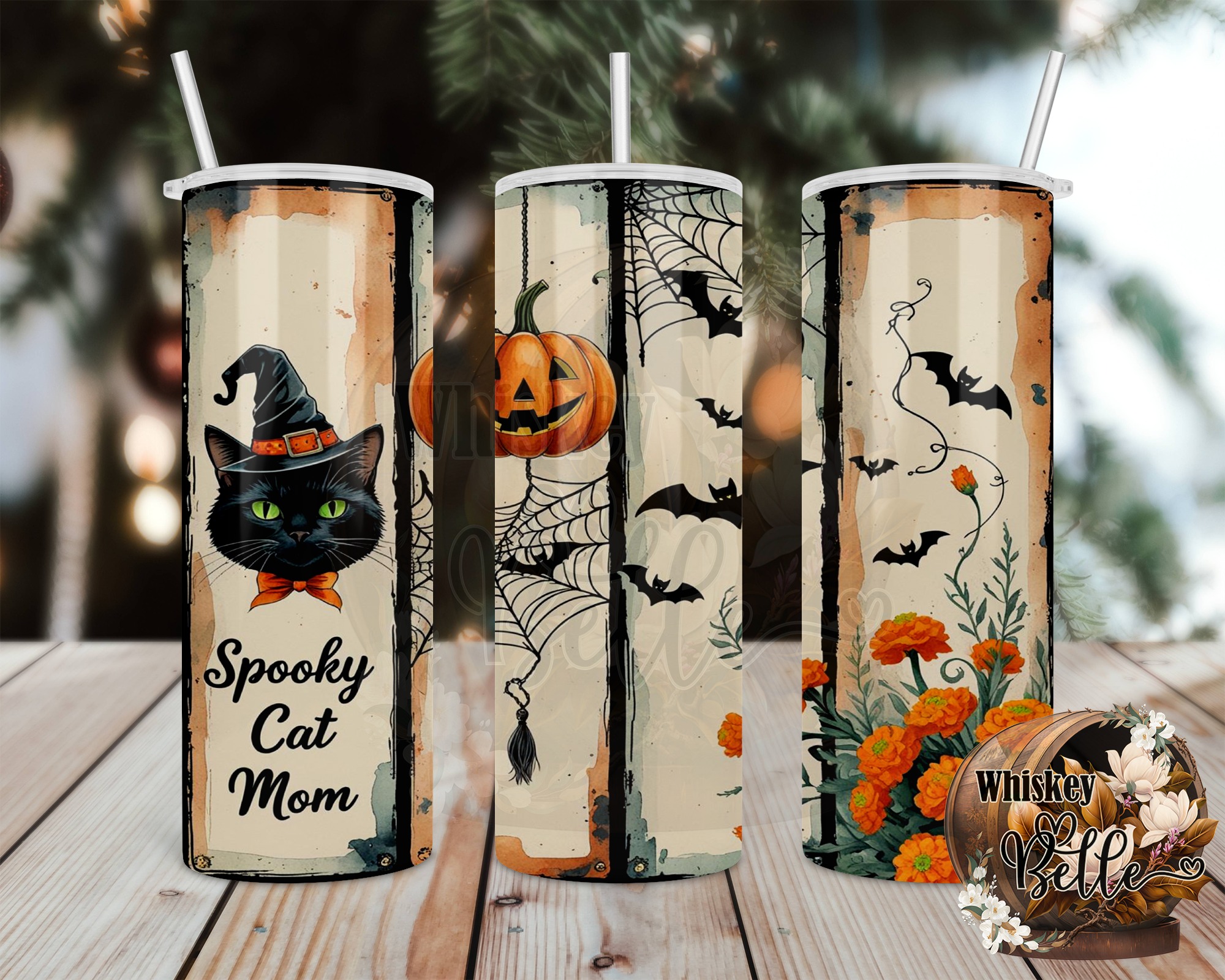 Spooky Cat Mom 20oz Tumbler Wrap, Halloween Digital Download, Cute Cat Sublimation Design, Pumpkin Bats Digital File, Fall Tumbler Design - Image 2