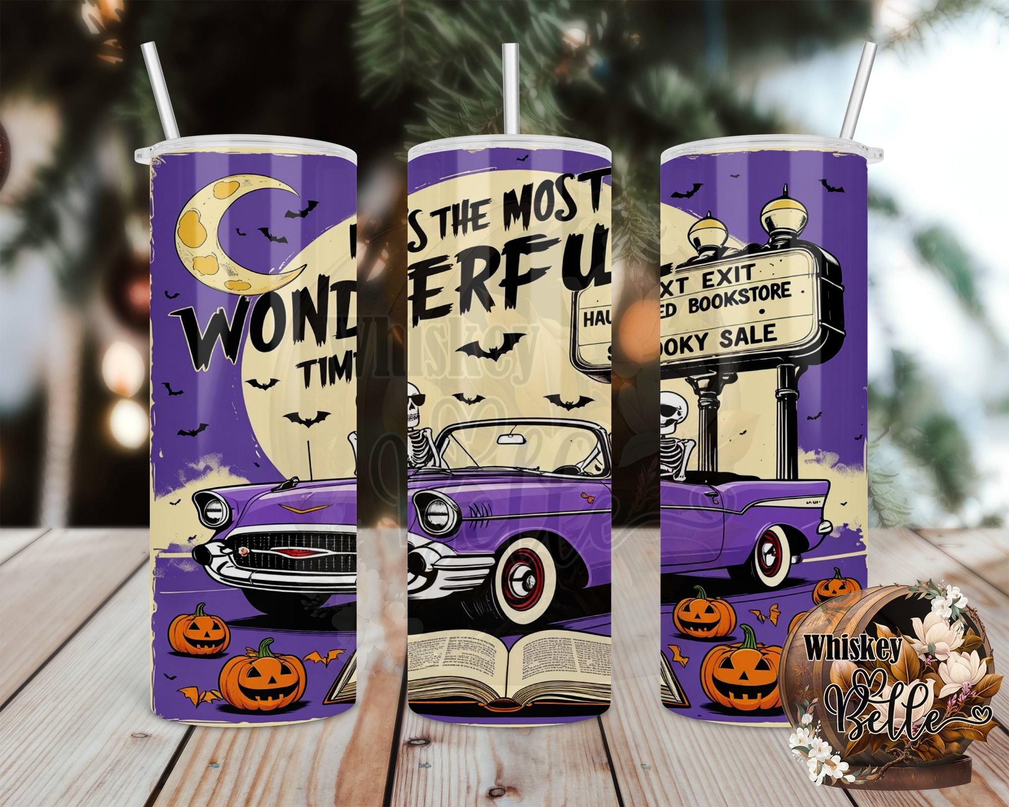 Halloween Tumbler Wrap Digital Download, Skeleton Car Sublimation Design, Spooky Season Tumbler, Haunted Book Store, Instant Download PNG - Image 2