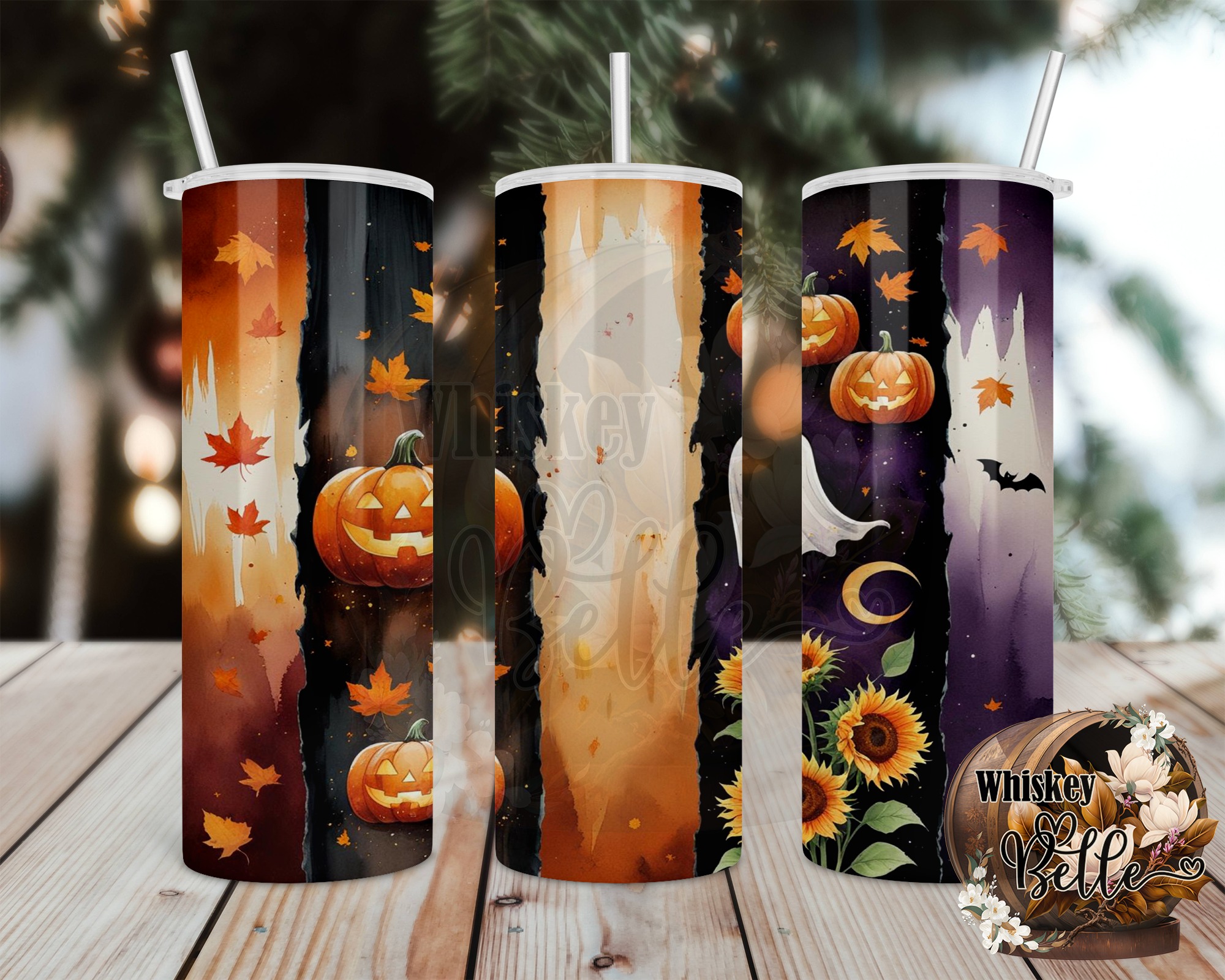 Halloween Tumbler Wrap, Digital, Sublimation 20oz Tumbler Download, Pumpkin Ghost Design, Autumn Leaves, Fall Tumbler Design, Digital Art - Image 2