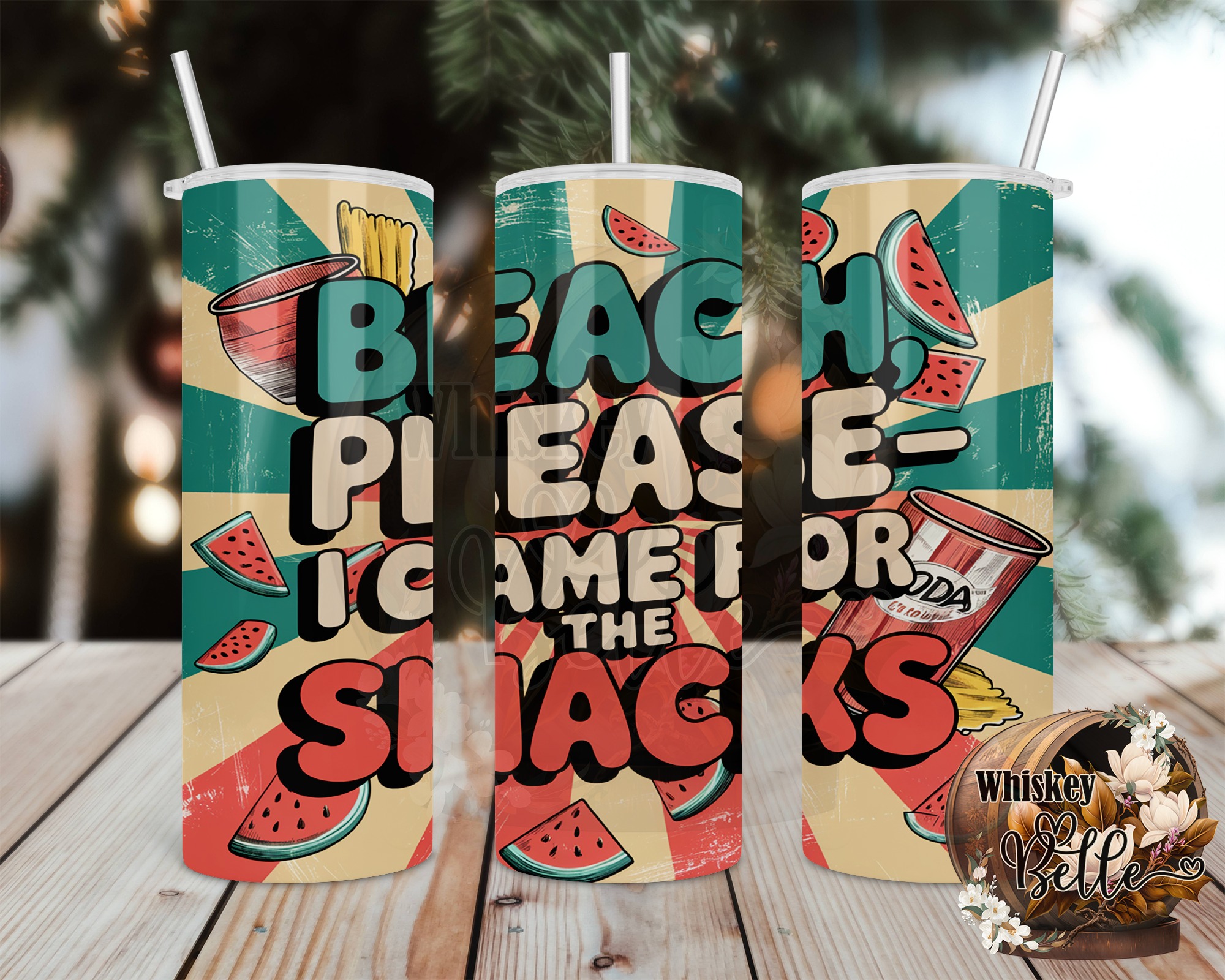 Beach Please Snacks 20oz Sublimation Digital Download, Summer Tumbler Design, Funny Beach Vacation, Retro Watermelon, PNG Digital File - Image 2