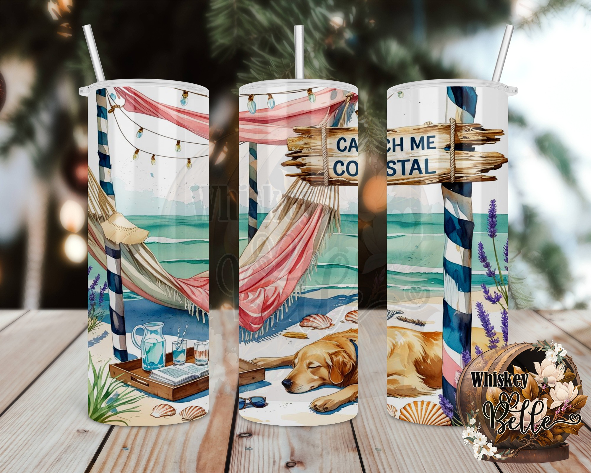 Coastal Golden Retriever Digital,Sublimation 20oz Tumbler Wrap Digital Download, Beach Dog Wrap, Catch Me Coastal, Summer Tumbler Design - Image 2