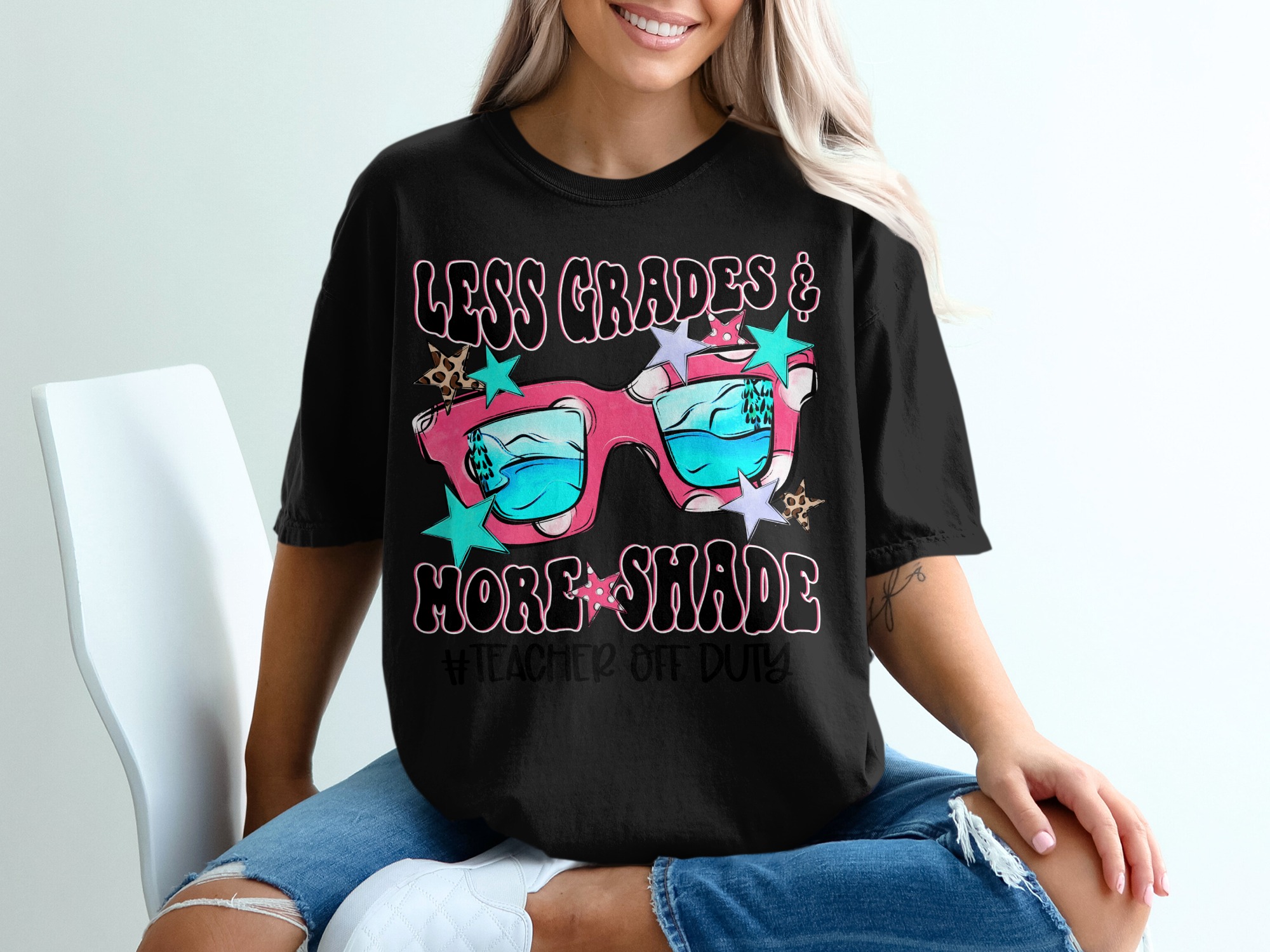Teacher Off Duty T-Shirt, Less Grades More Shade Tee, Sunglasses Star Design Shirt, Summer Vacation Vibes T Shirt, Teacher Gift Idea - Image 2