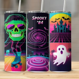 Digital Sublimation 20oz Tumbler Wrap Digital Download, Retro Halloween Tumbler Design, Spooky '84, Roller Skate Skull Ghost Castle