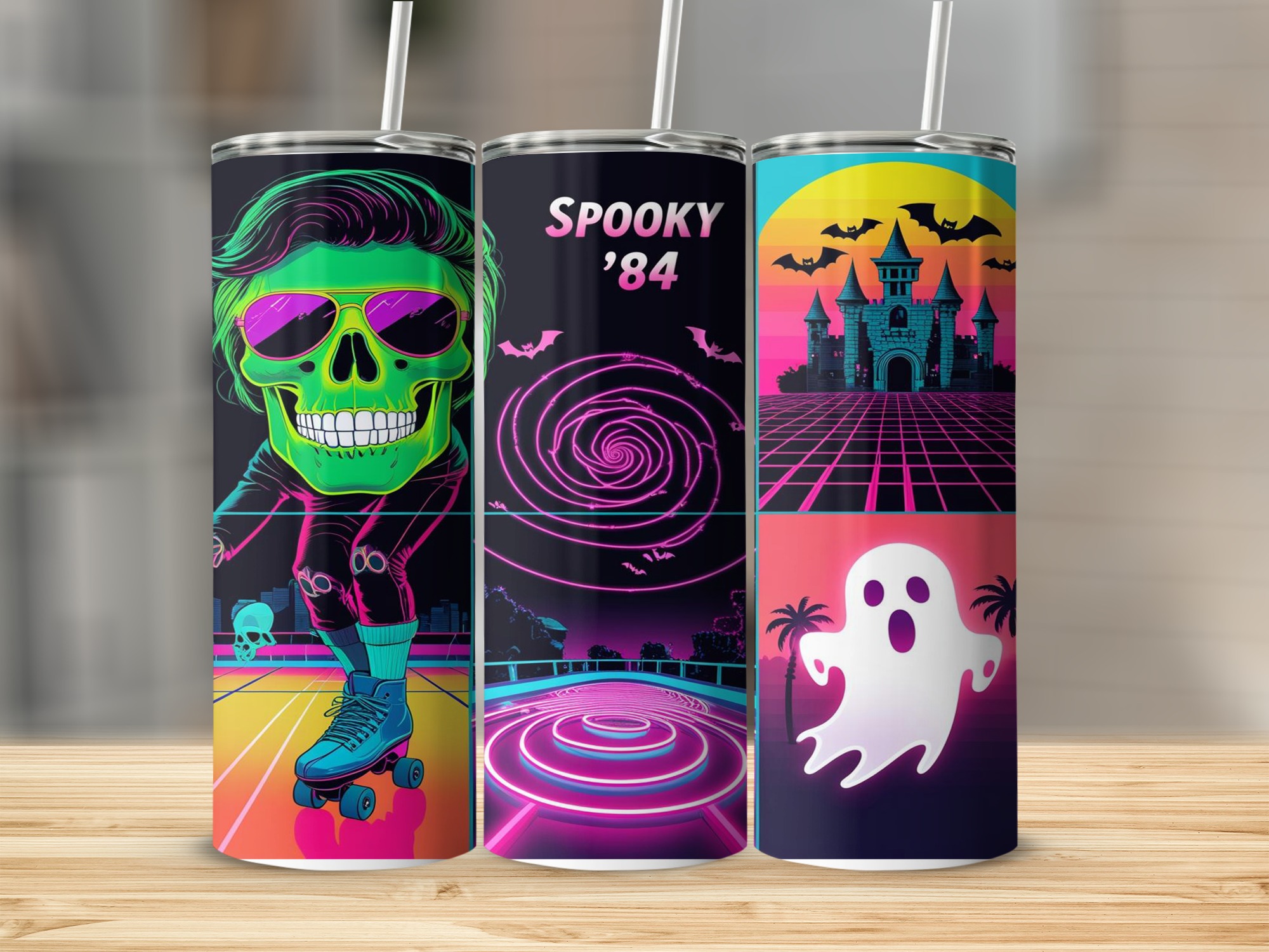 Digital Sublimation 20oz Tumbler Wrap Digital Download, Retro Halloween Tumbler Design, Spooky '84, Roller Skate Skull Ghost Castle