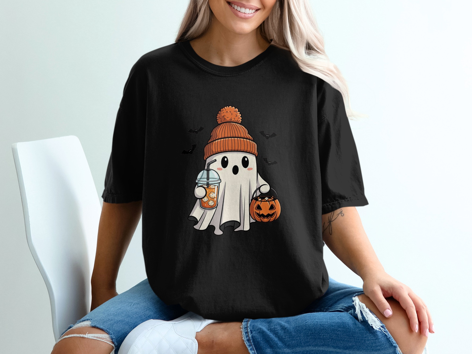 Cute Ghost T-Shirt, Halloween Apparel, Spooky Season Tee, Kawaii Ghost, Pumpkin and Bat Design, Holiday Shirt - Image 2